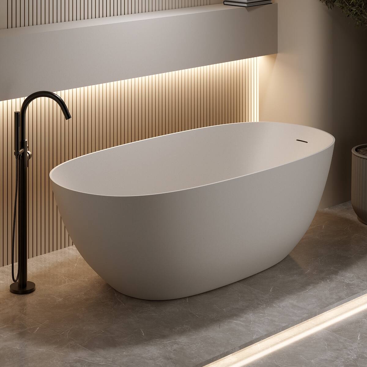 Angle. Loheer - Loheer 57 in Freestanding Soaking Bathtub in Beige Solid Surface with Overflow and Pop Up Drain - Beige.