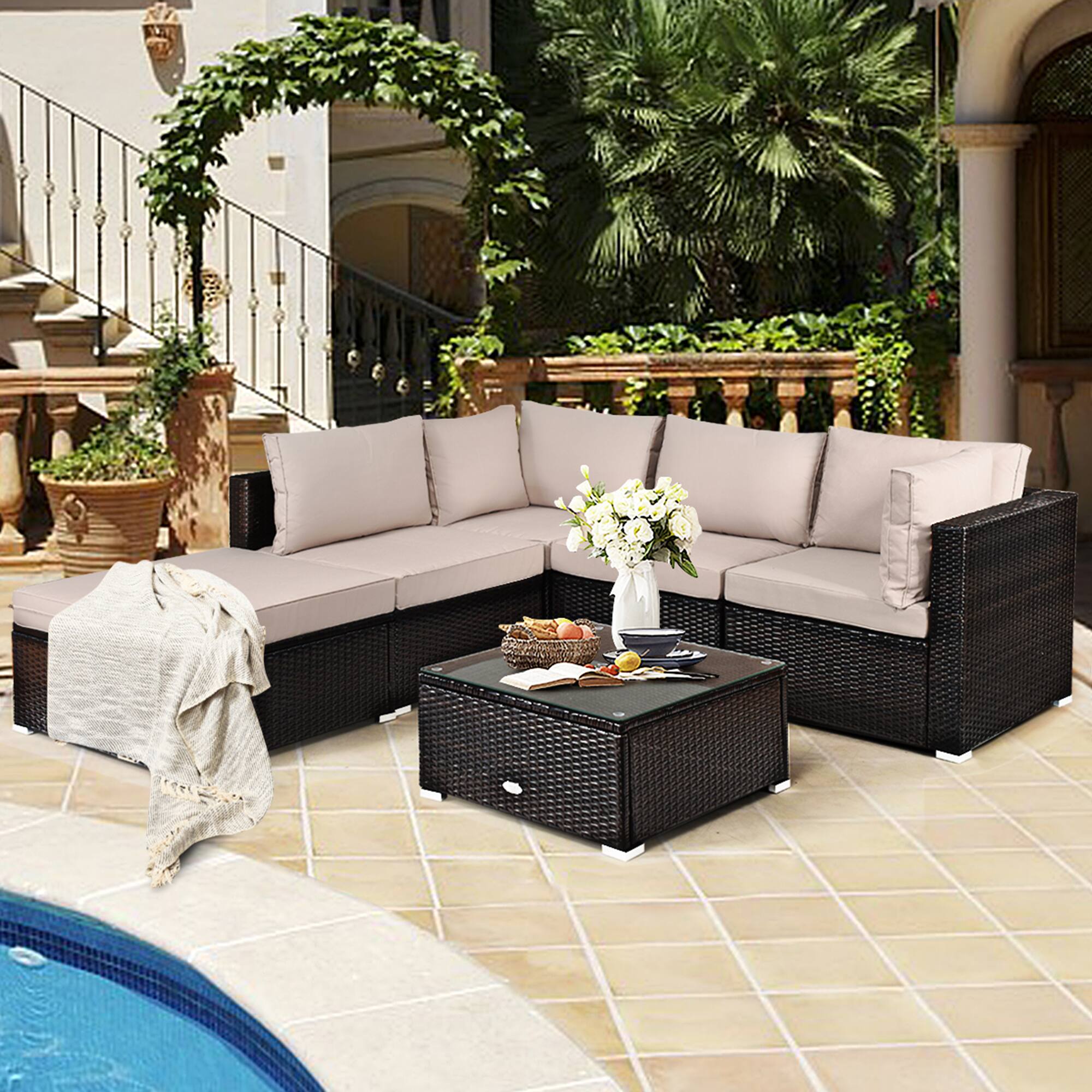 Alt View 3. Gymax - Gymax 6PCS Rattan Patio Sectional Sofa Set Outdoor Furniture Set w/ Cushions - Brown.
