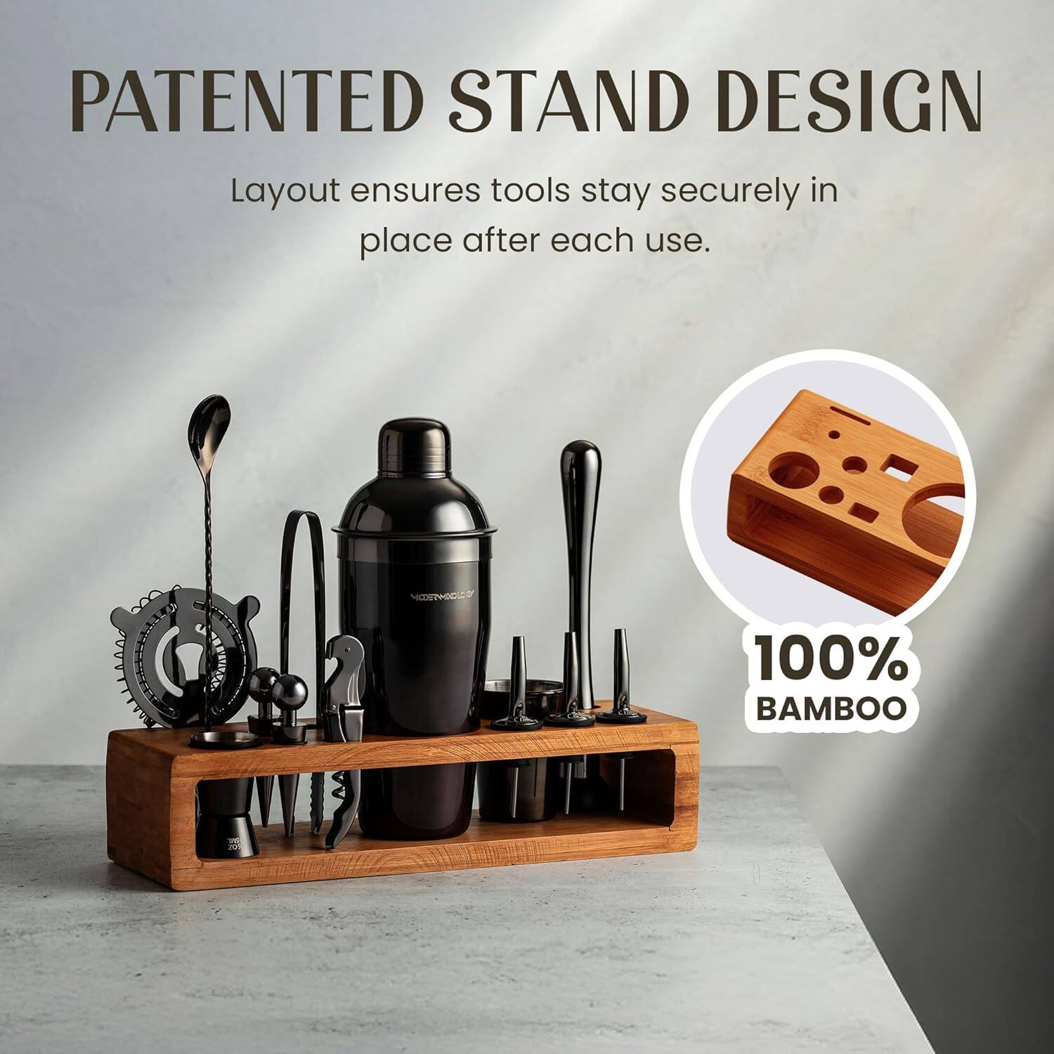 PATENTED STAND DESIGN  
Layout ensures tools stay securely in place after each use.  

100% BAMBOO