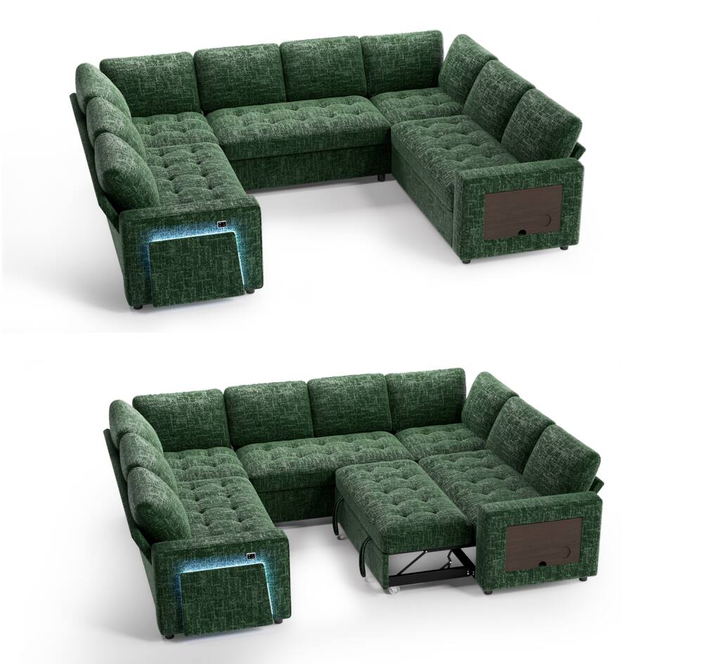 Alt View 6. Vipbear - 8 Seat U Shaped Modular Sectional Sleeper Sofa Bed with Pull Out Bed/Reclining Backrest/USB Ports/Storage Seat - Green.