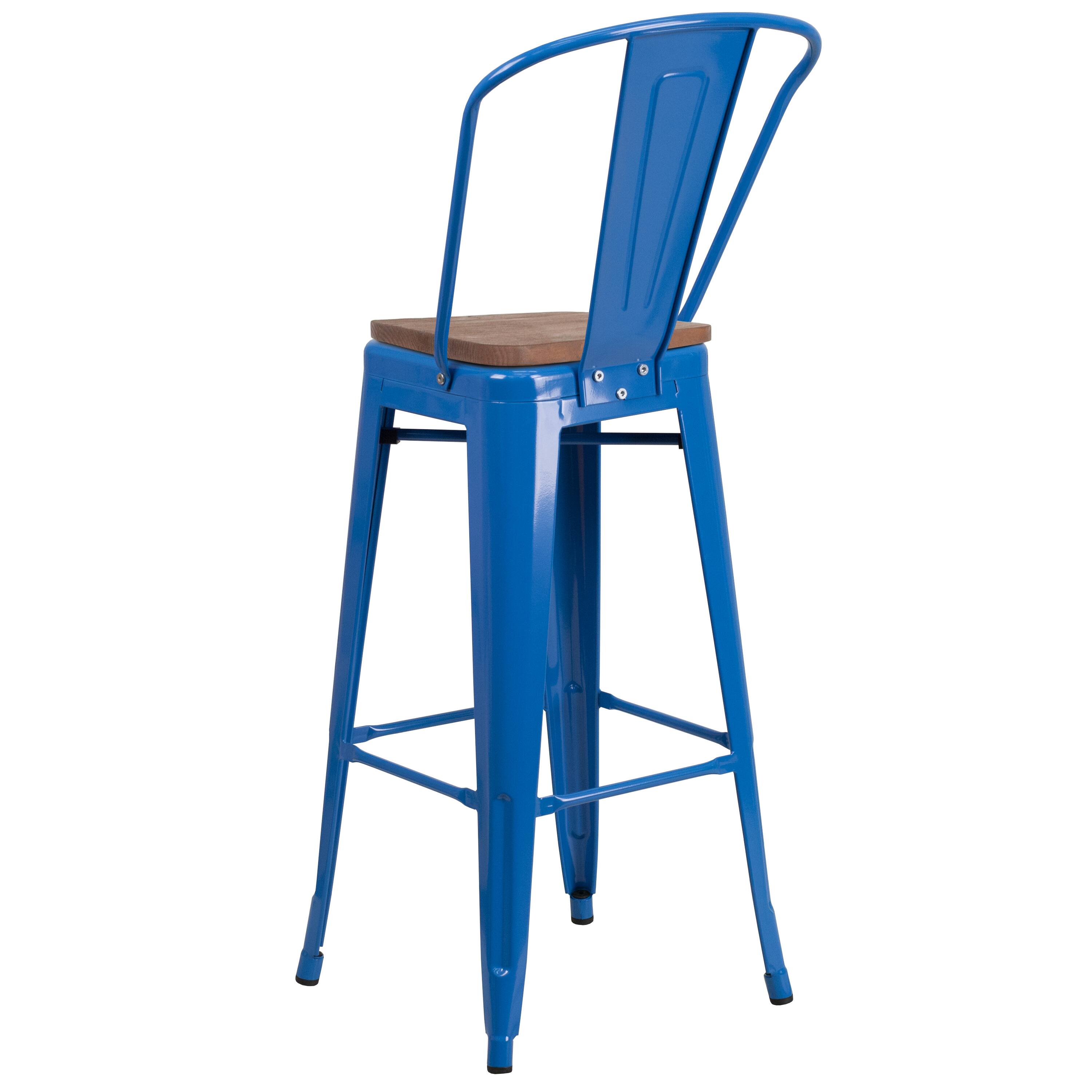 Alt View 3. Emma + Oliver - 30"H Metal Dining Barstool with Back and Square Wood Seat - Blue.