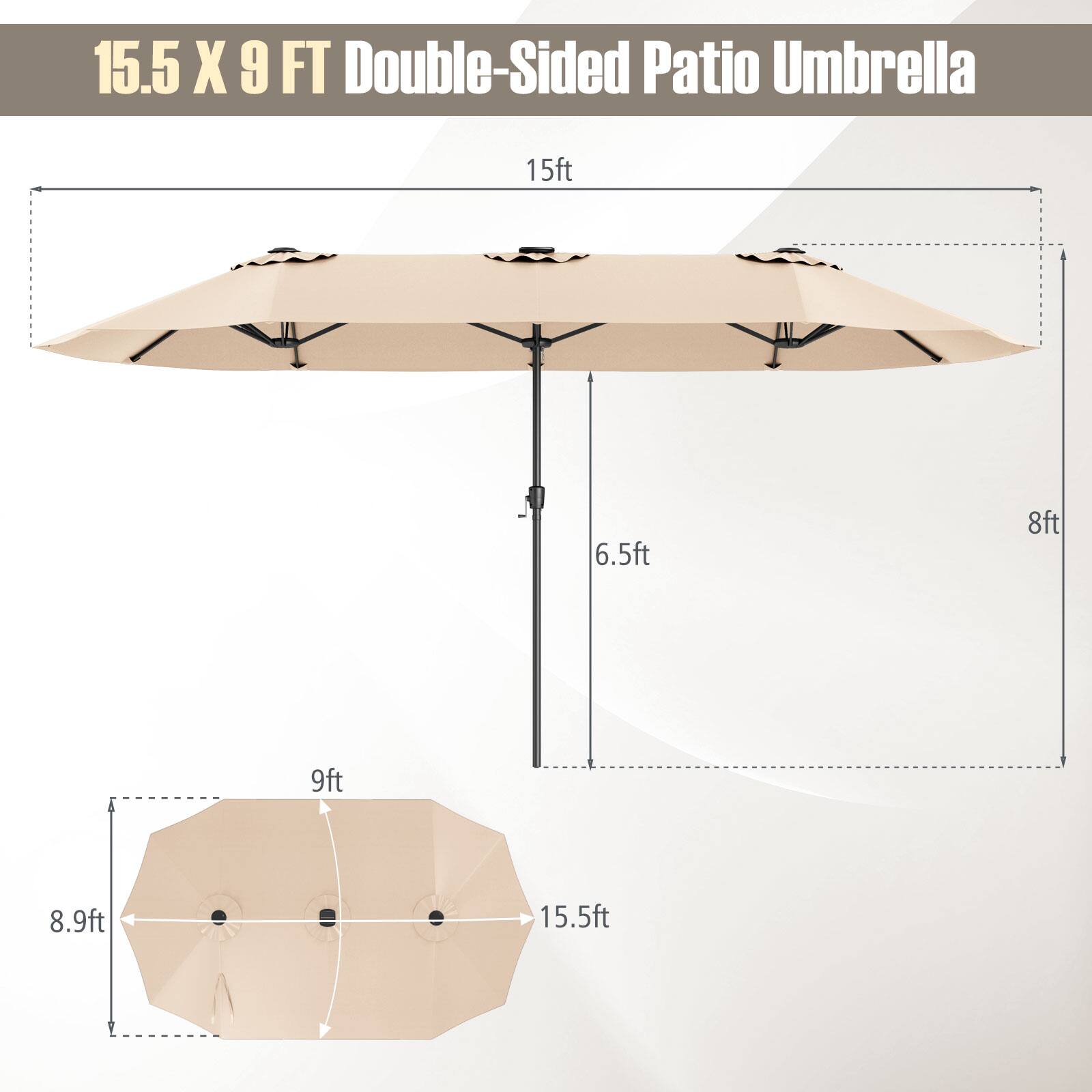 15.5 X 9 FT Double-Sided Patio Umbrella 15ft 6.5ft 8ft 9ft 8.9ft 15.5ft