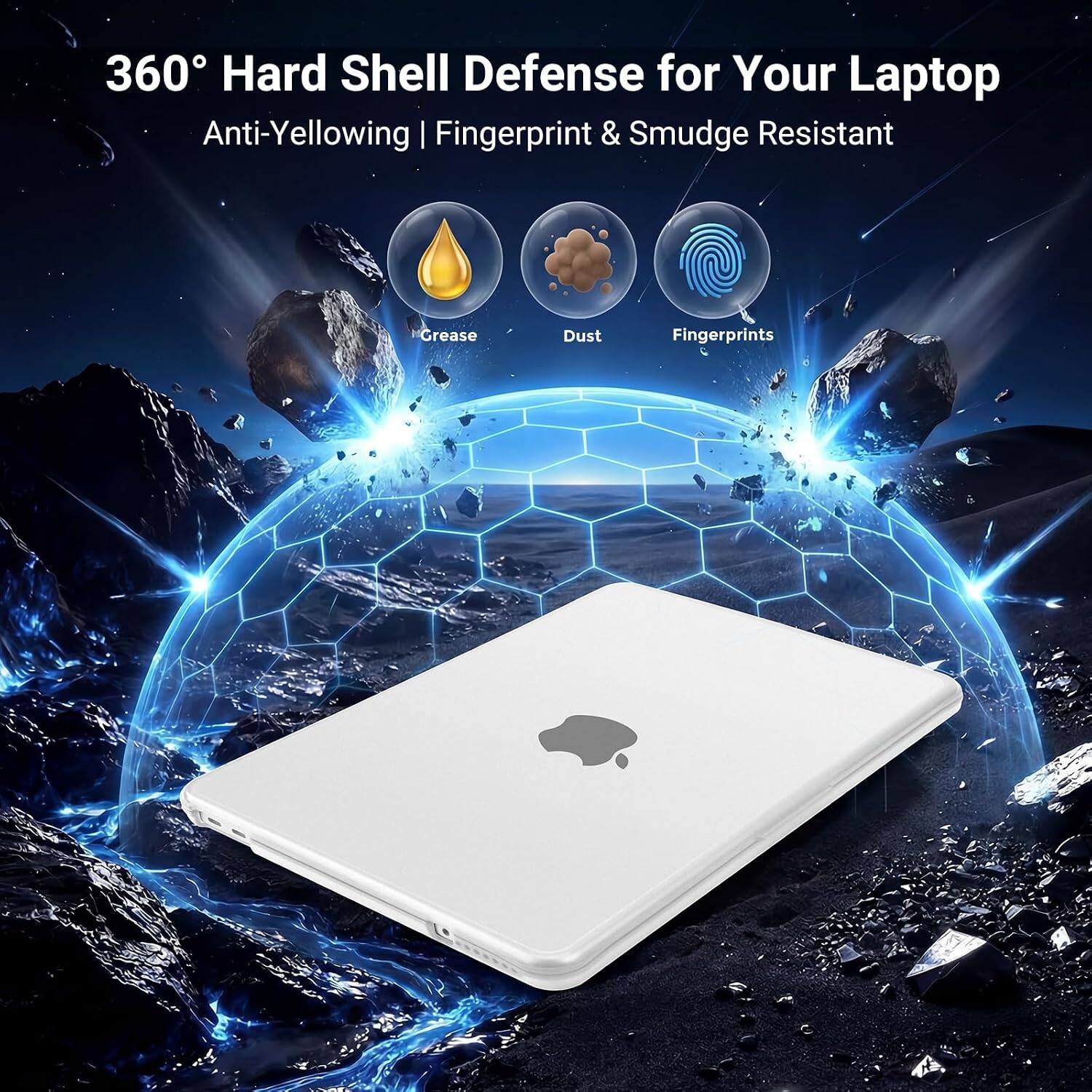 360° Hard Shell Defense for Your Laptop  
Anti-Yellowing | Fingerprint & Smudge Resistant  

Grease  
Dust  
Fingerprints