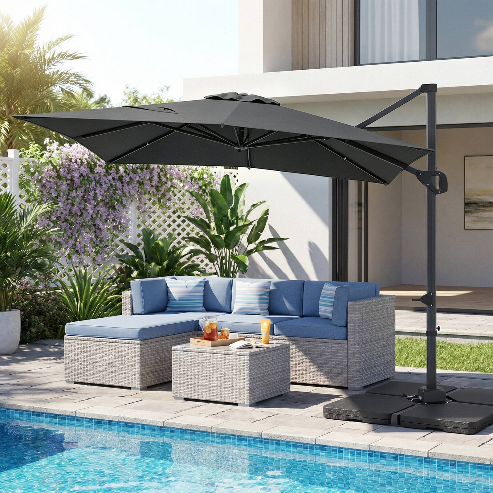 Alt View 4. Costway - Costway Cantilever Umbrella with 220 LBS Base, Offset Hanging Umbrella with 360° Rotation - Gray + Black.