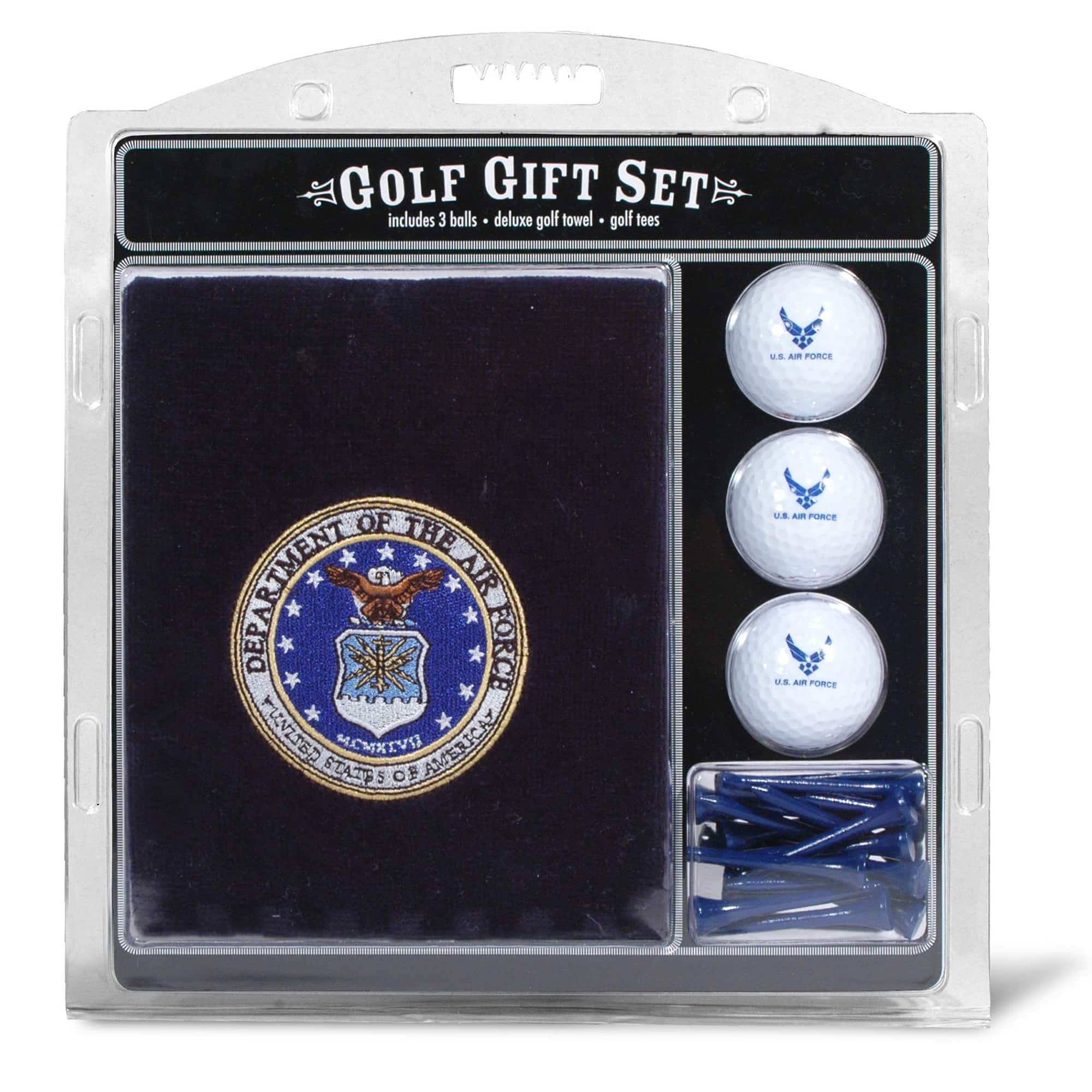GOLF GIFT SET  
includes 3 balls • deluxe golf towel • golf tees  

DEPARTMENT OF THE AIR FORCE  
UNITED STATES OF AMERICA  

U.S. AIR FORCE  
U.S. AIR FORCE  
U.S. AIR FORCE