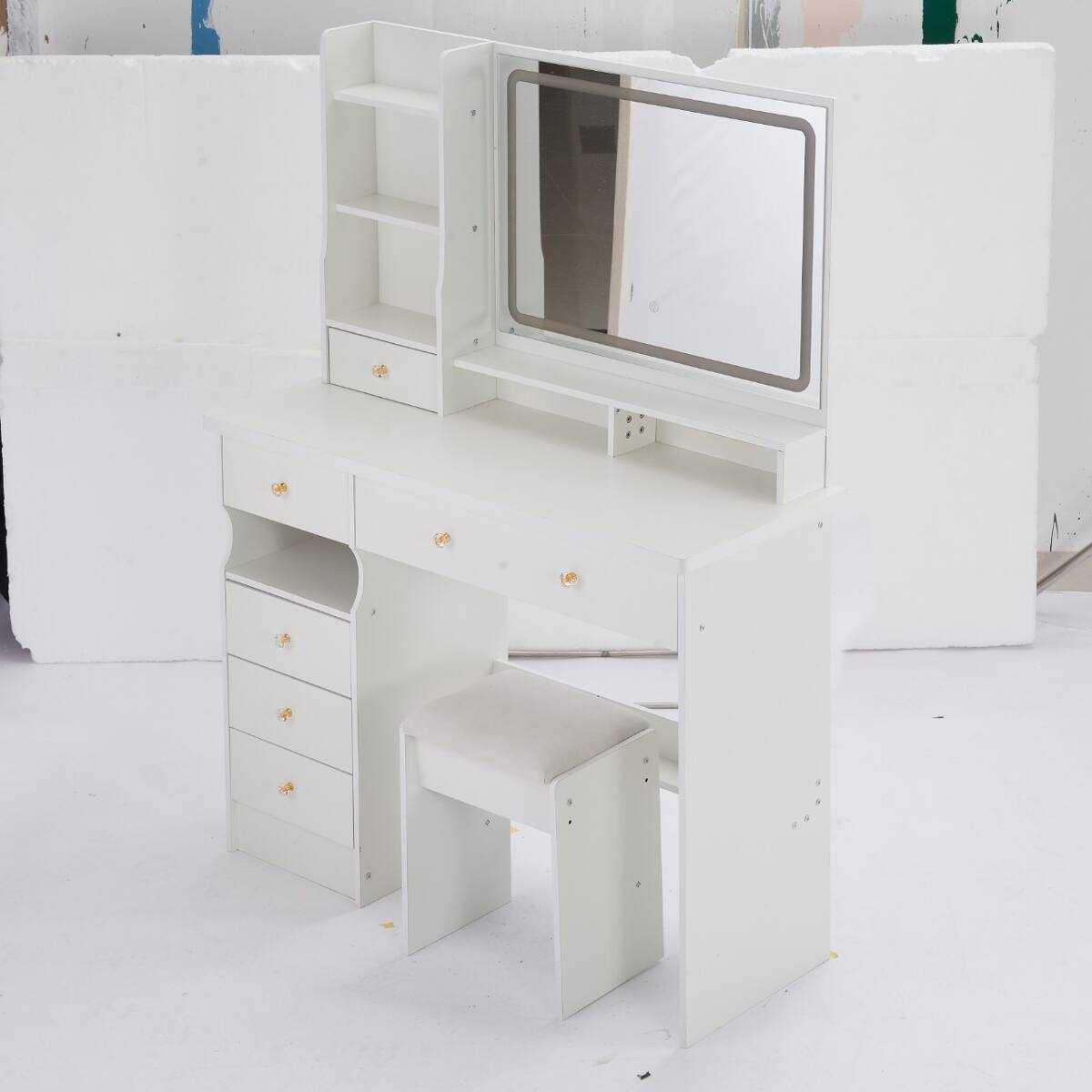 Alt View 6. Loheer - Loheer 41 inch makeup vanity table with mirror and stool, White MDF, Touch Control LED Mirror - White.