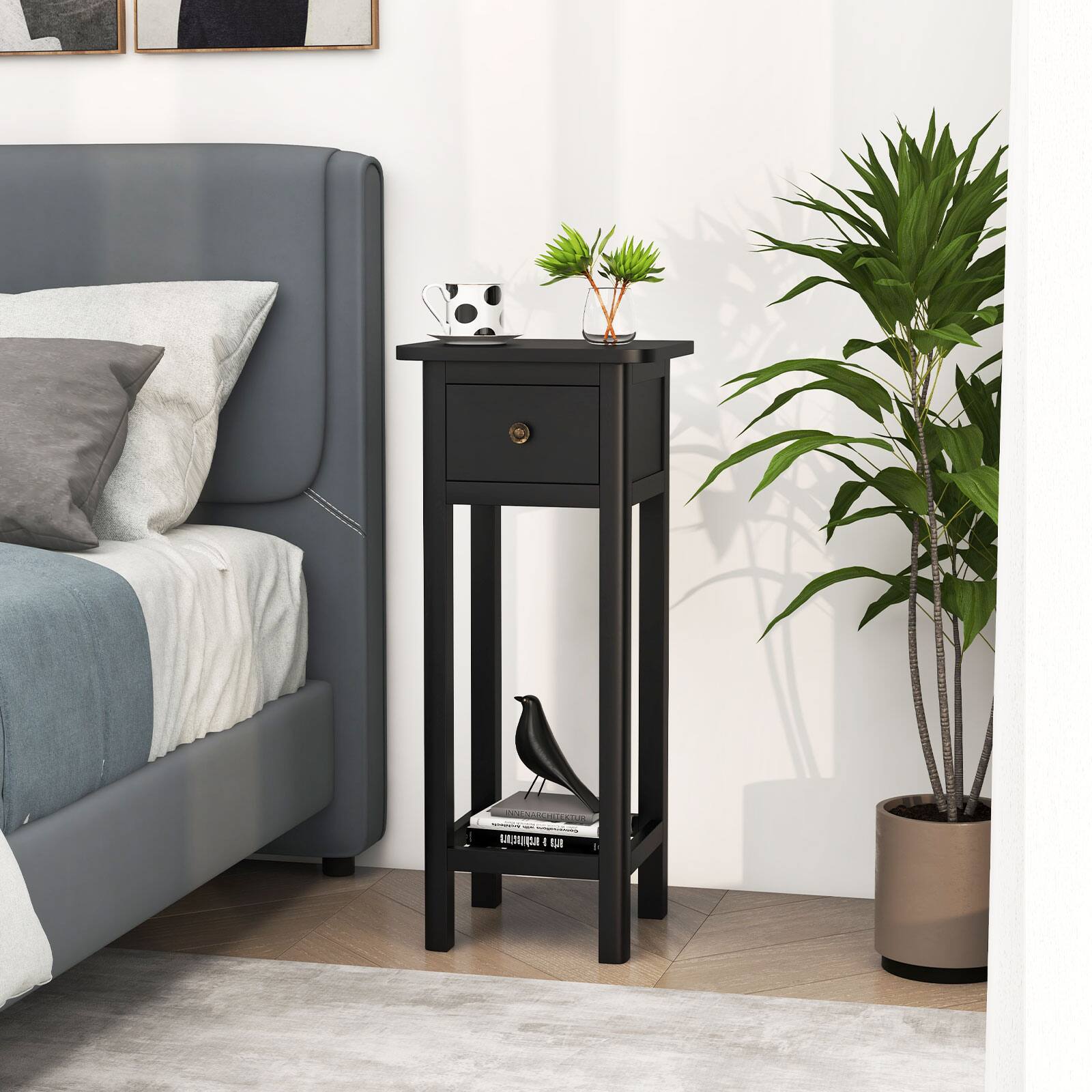 Alt View 7. Ecooso - 2 Tier Slim Nightstand Bedside Table with Drawer Shelf - Black.