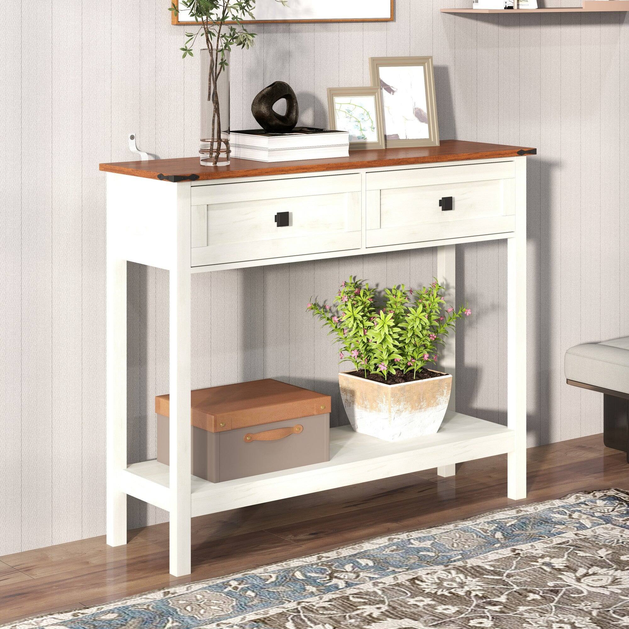 Alt View 3. Boyel Living - 39.37 in Farmhouse Console Table with 2 Drawers and Bottom Shelf Antique White - Antique White.