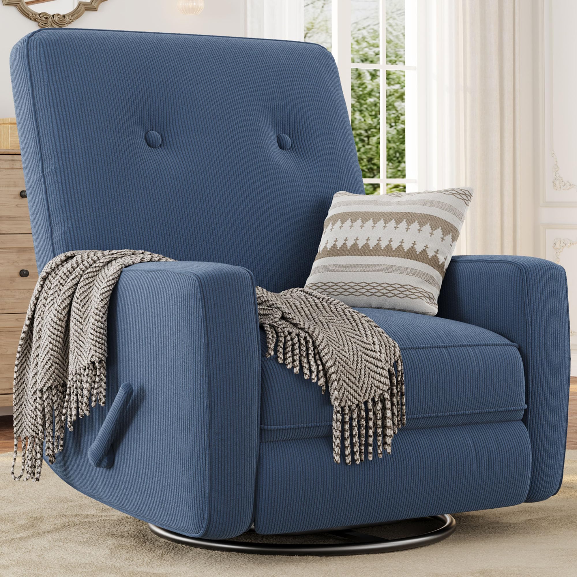 Jojoka - 360° Swivel Rocker Recliner, Corduroy Mamual Recliner Chair for Nursery, Living Room, Bedroom & Small Spaces - Dark Blue