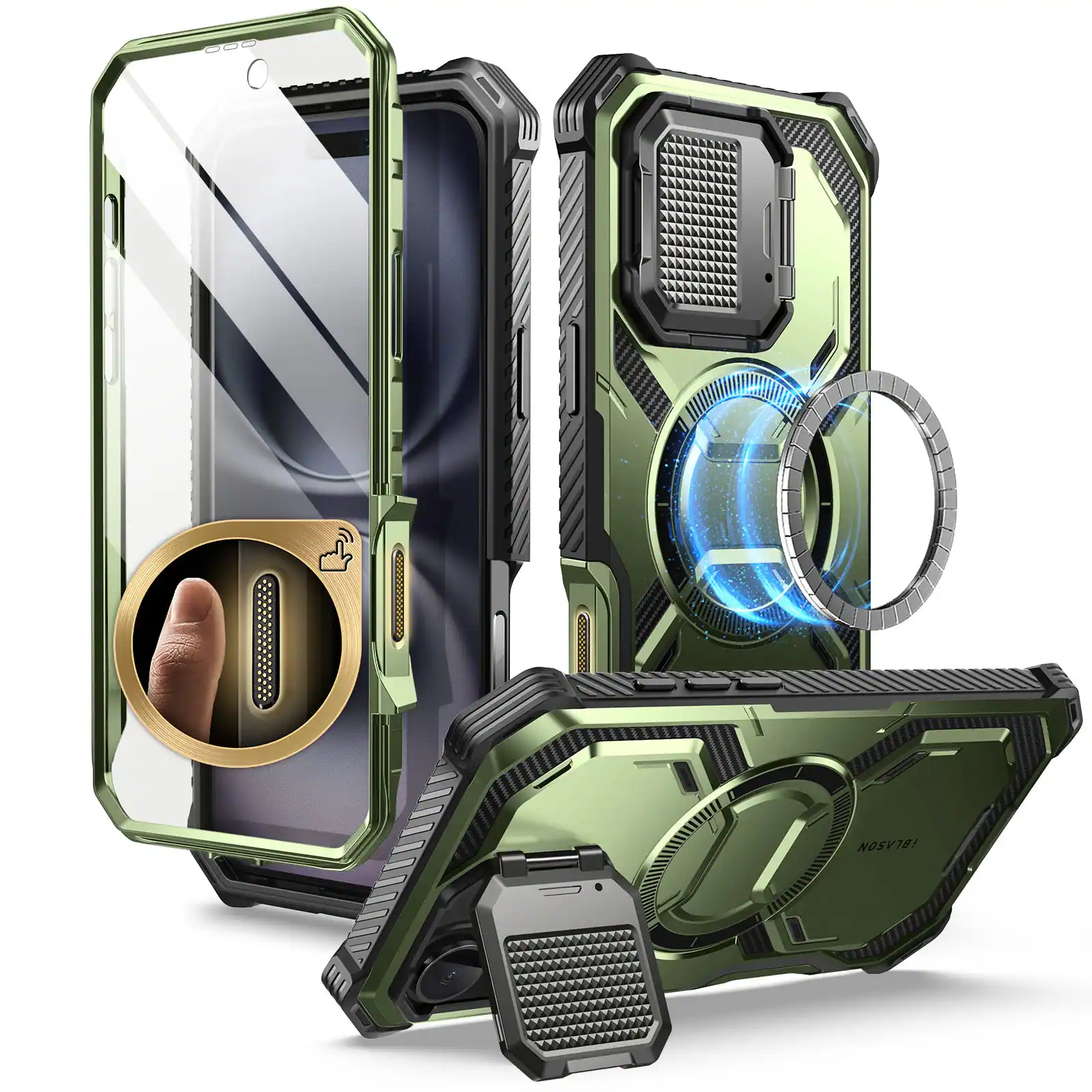 Left. i-Blason - i-Blason Armorbox Case for iPhone 16 Plus – MagSafe, Kickstand, Screen Protector, Military-Grade - Dark Green.