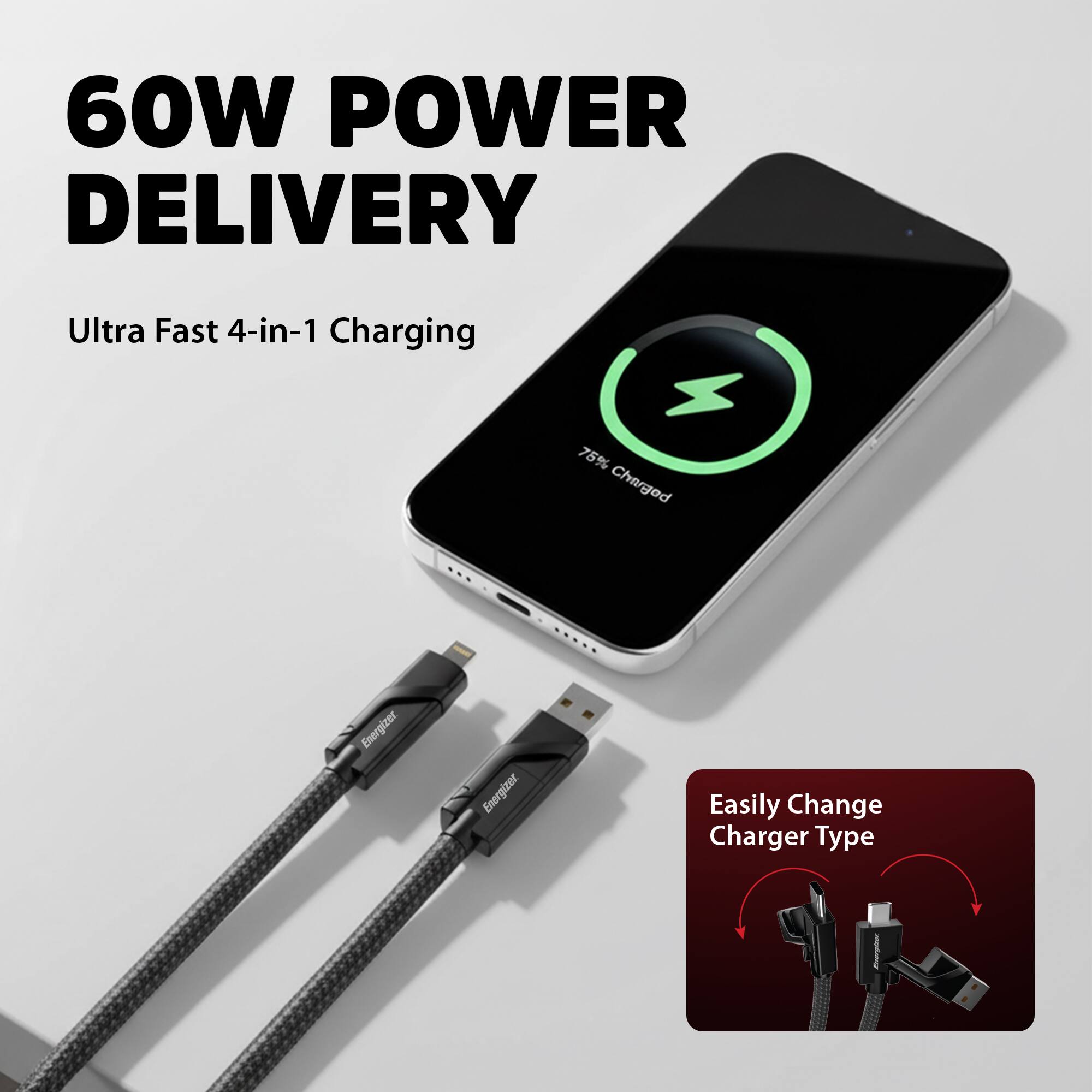 60W POWER DELIVERY  
Ultra Fast 4-in-1 Charging  
75% Charged  
Energizer  
Easily Change Charger Type