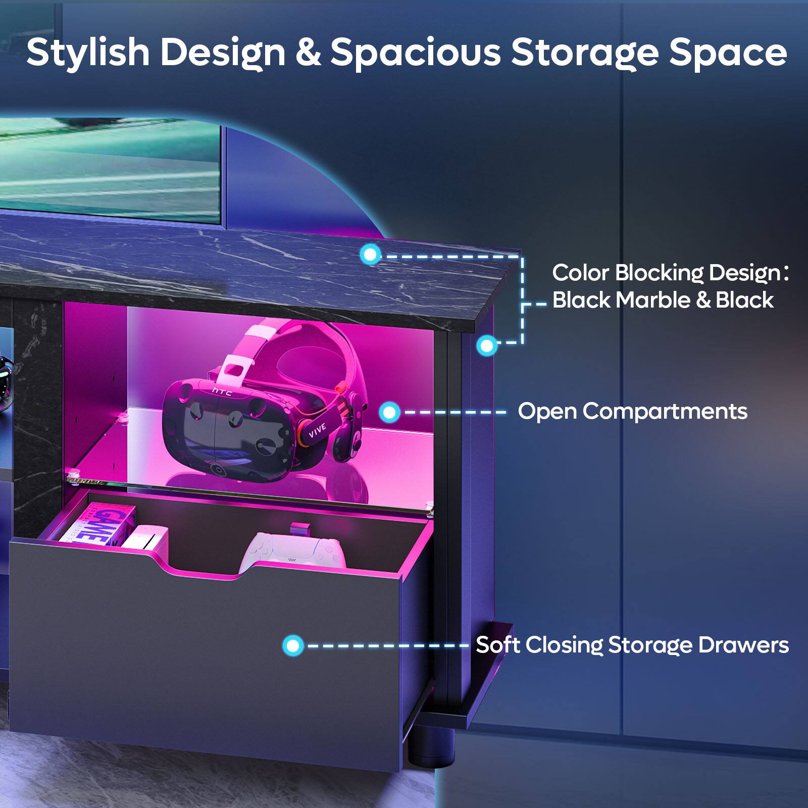 Stylish Design & Spacious Storage Space: Color Blocking Design: Black Marble & Black ATC VIVE Open Compartments GAME Soft Closing Storage Drawers