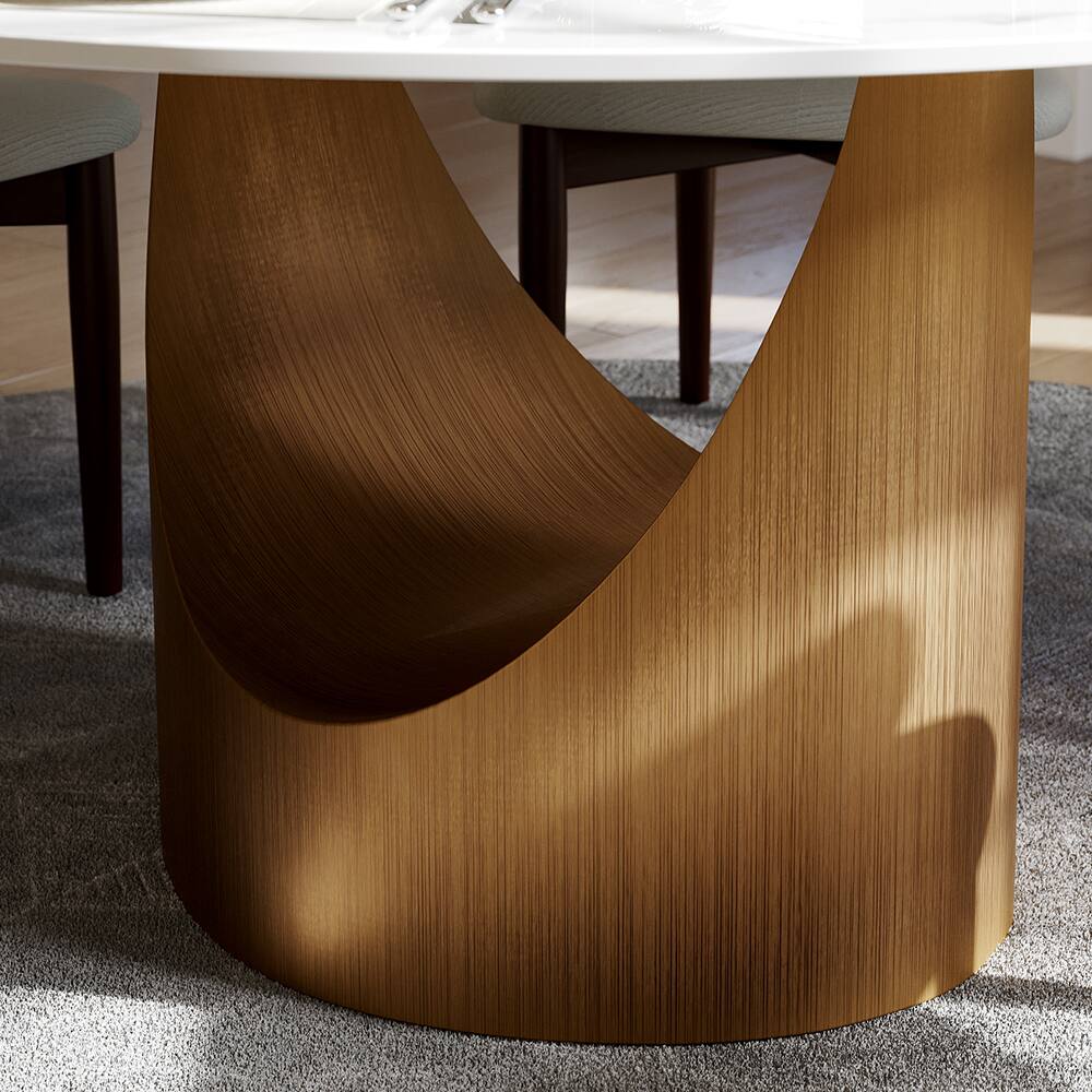 Alt View 2. POVISON - 59" White Round Matte Sintered Stone Dining Table with Bronze U-shaped Steel Base - White Matte Sintered Stone with Bronze Steel Base.
