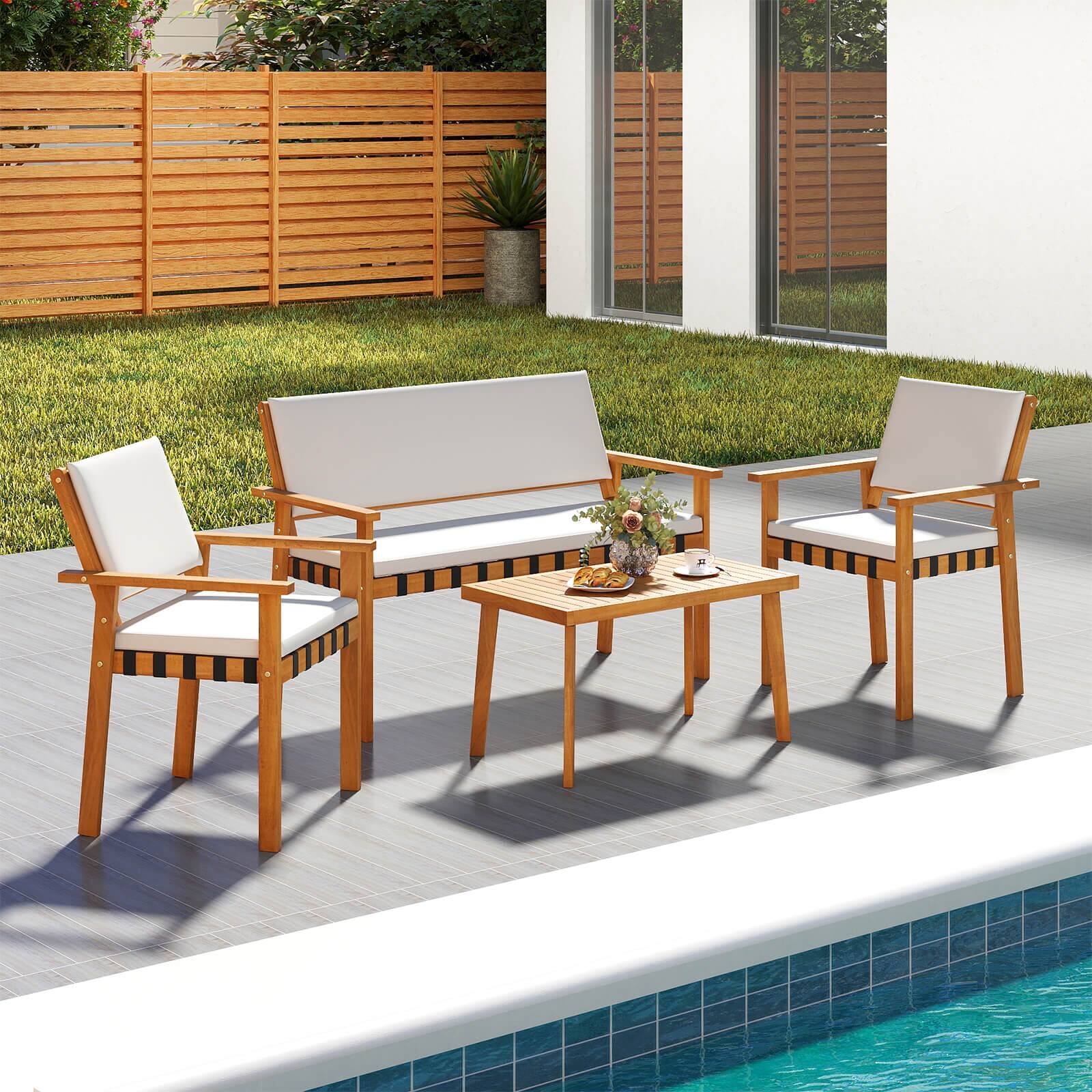 Alt View 4. Costway - Costway 8 PCS Wood Furniture Set with Coffee Table Seat Back Cushions for Backyard, Porch - Off White.