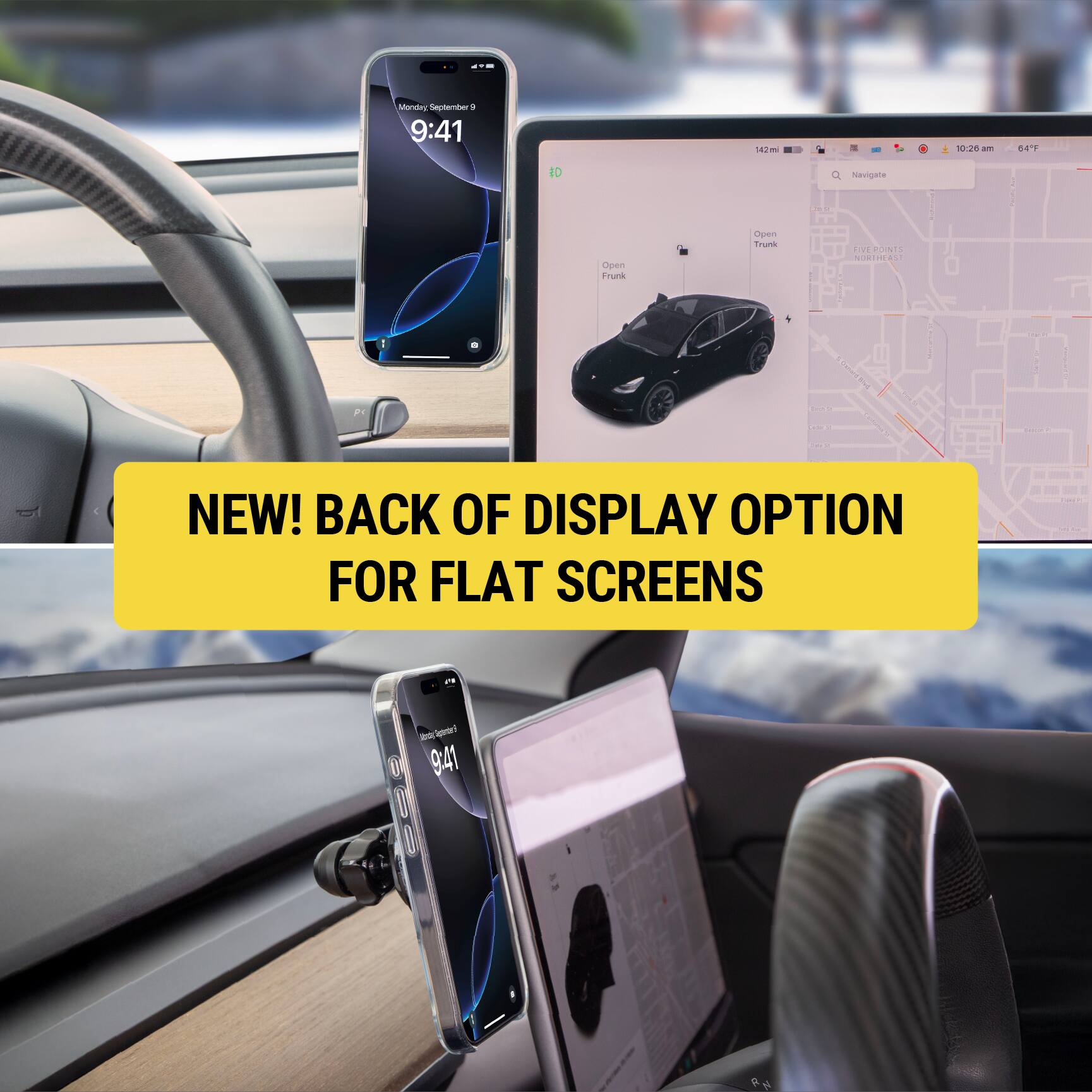 The text on the image reads: "New! Back of Display Option for Flat Screens."