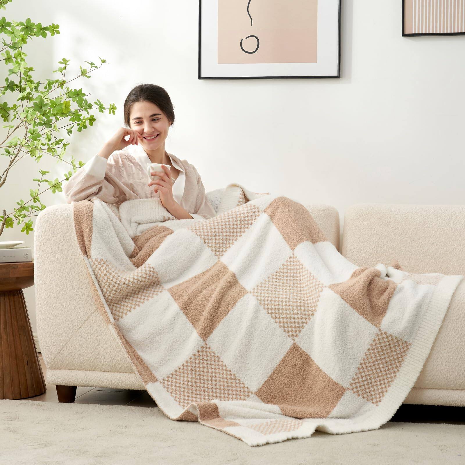 Alt View 3. Dapper Styles - Checkered Blanket Beige Throw For Couch Plaid Microfiber Fluffy Warm Cozy Fuzzy Soft Reversible Checkerered - Orange Flower-Throw(50"x60").