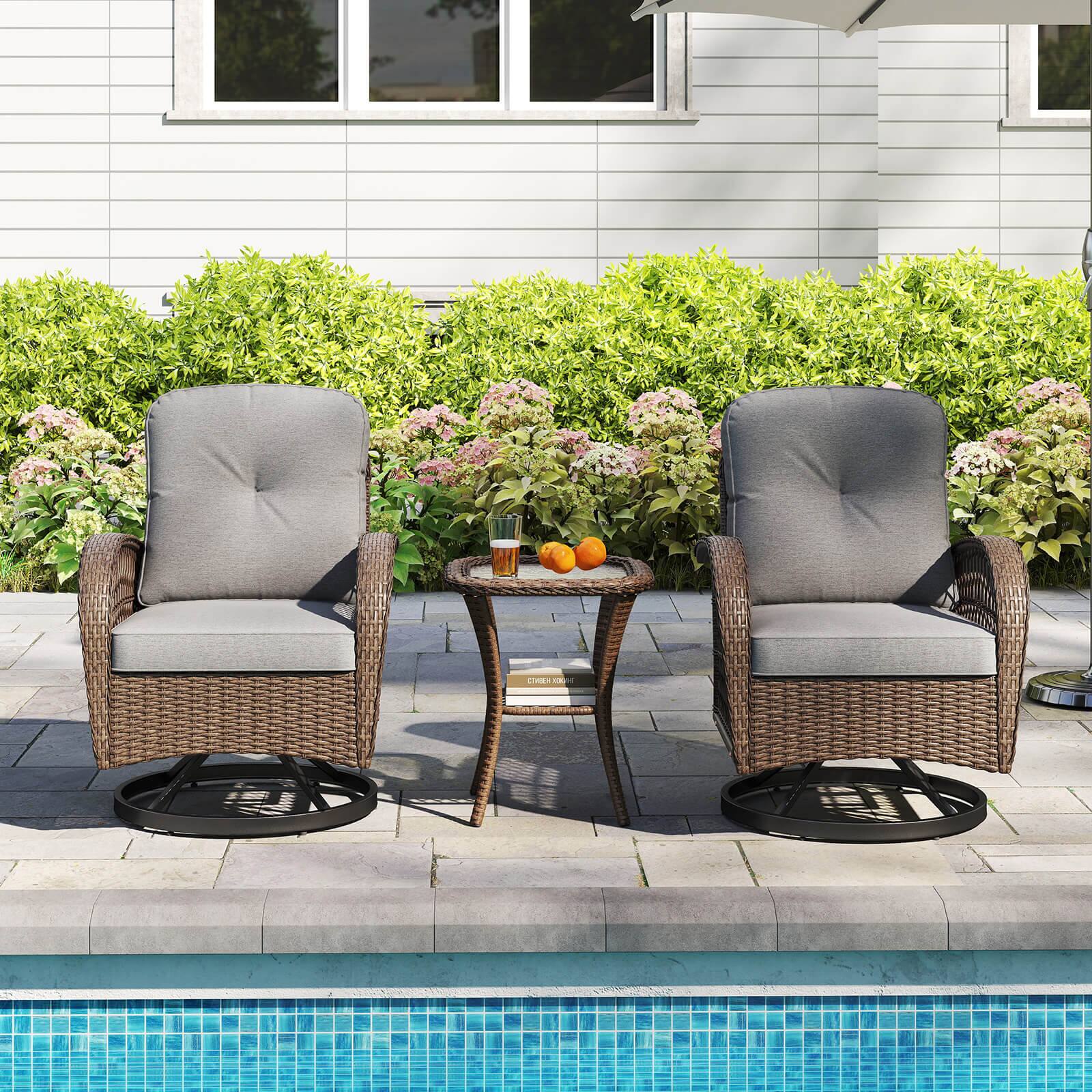 Alt View 1. Costway - Costway 3 PCS Patio Swivel Rocker Set Gliding Bistro Furniture Set with Tempered Glass Table - Gray.