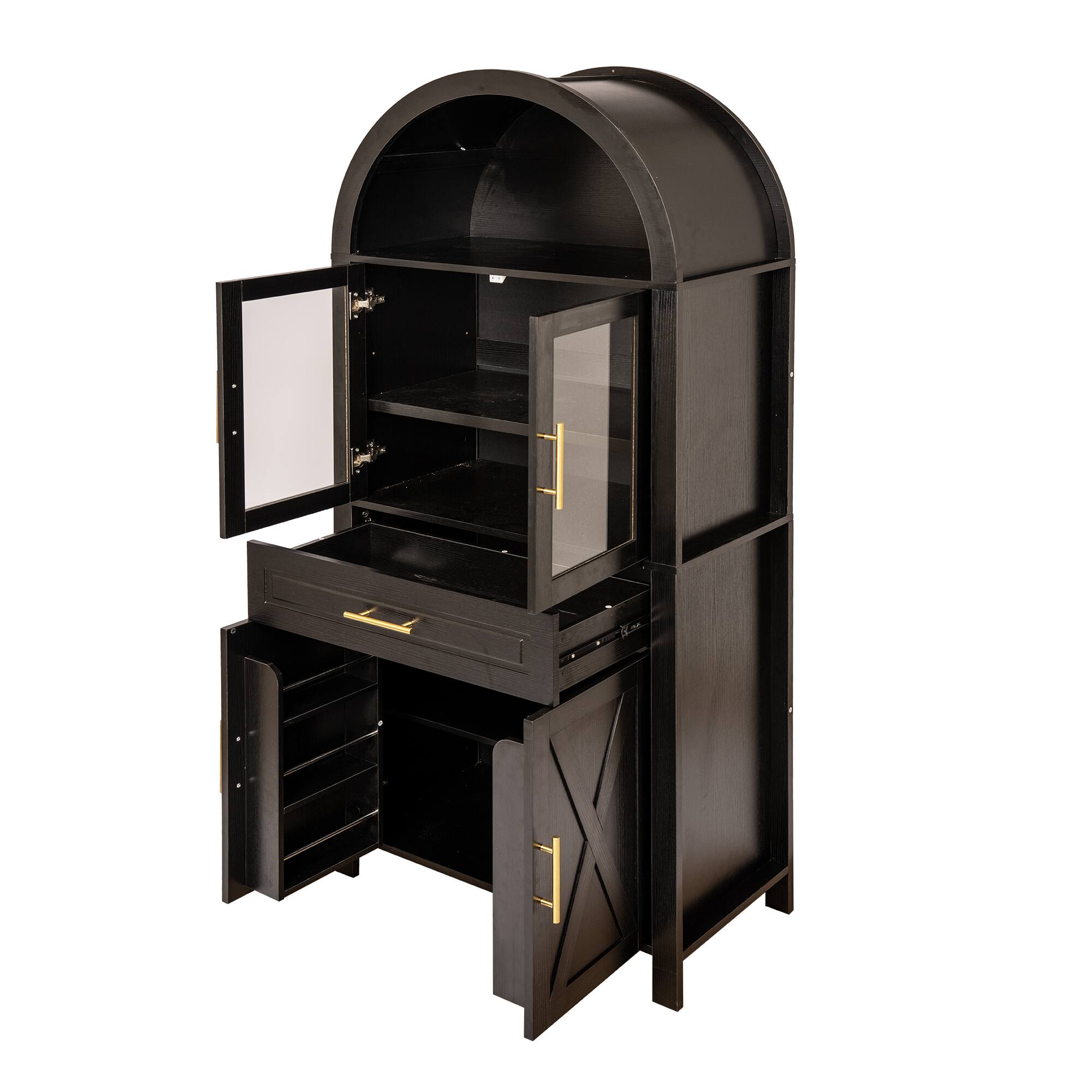 Alt View 4. Boyel Living - 71 Inch Arched Glass Door Pantry Cabinet Farmhouse Storage with Barn Door Design Black - Black.