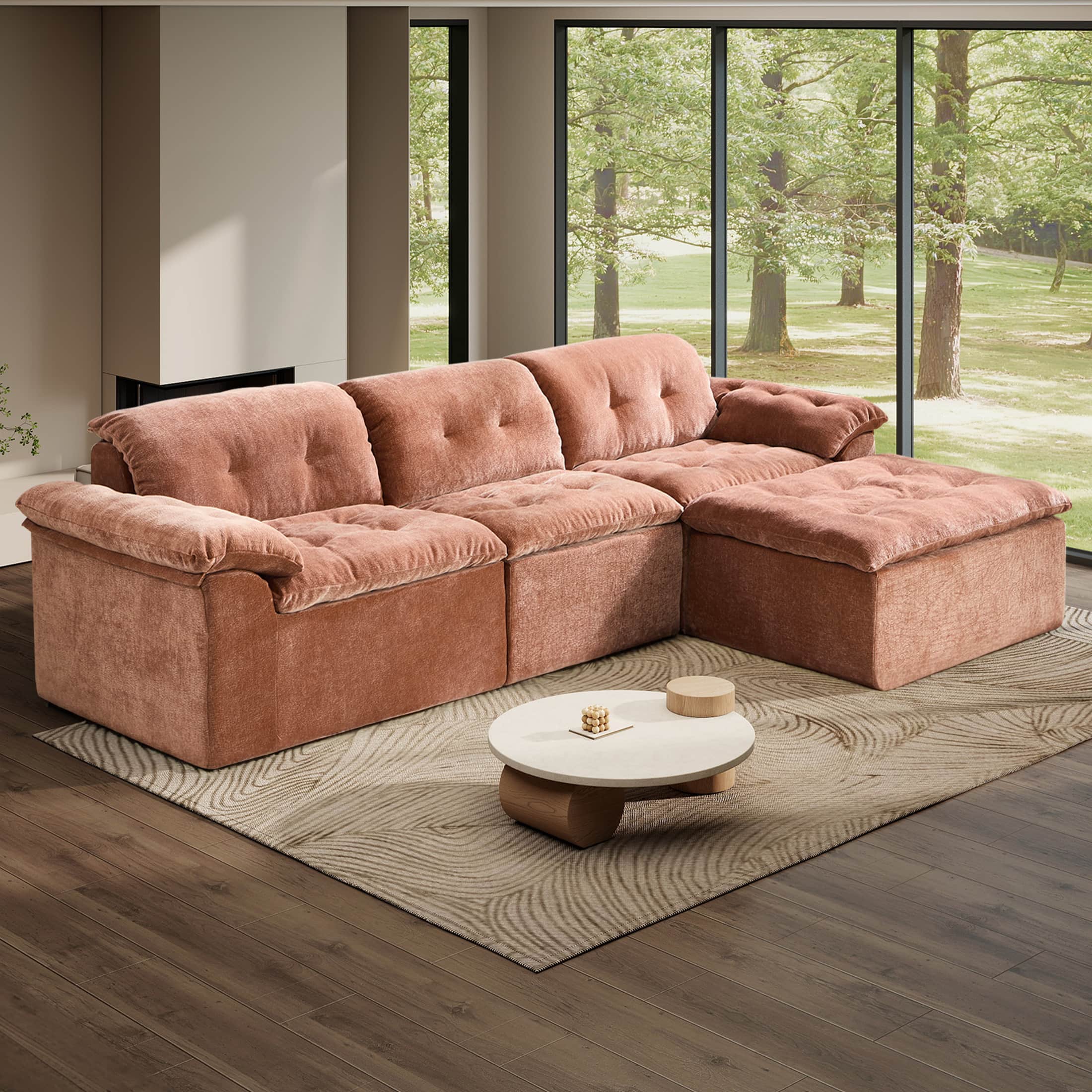 Anysun - L-Shaped Modular Chenille Cushioned Extreme Comfort Sofa with Detachable Backrest and Armrests, Removable Ottoman - Orange