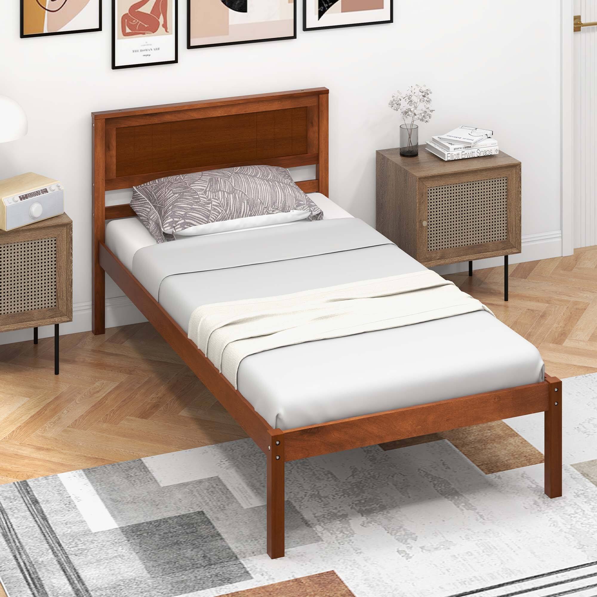 Back. Costway - Costway Twin Size Wooden Platform Bed Frame with Headboard Mattress Foundation Walnut - Walnut.