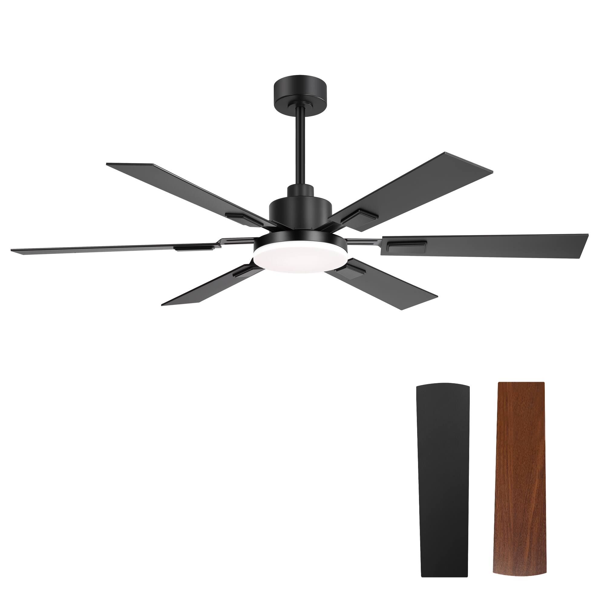 Alt View 9. Breezary - 60'' Ceiling Fan with 6 Dual-Finish Plywood Blades, 3-Color Light, 6-Speed DC Motor, Remote & Memory Function - Matte Black and Dark Wood Grain.