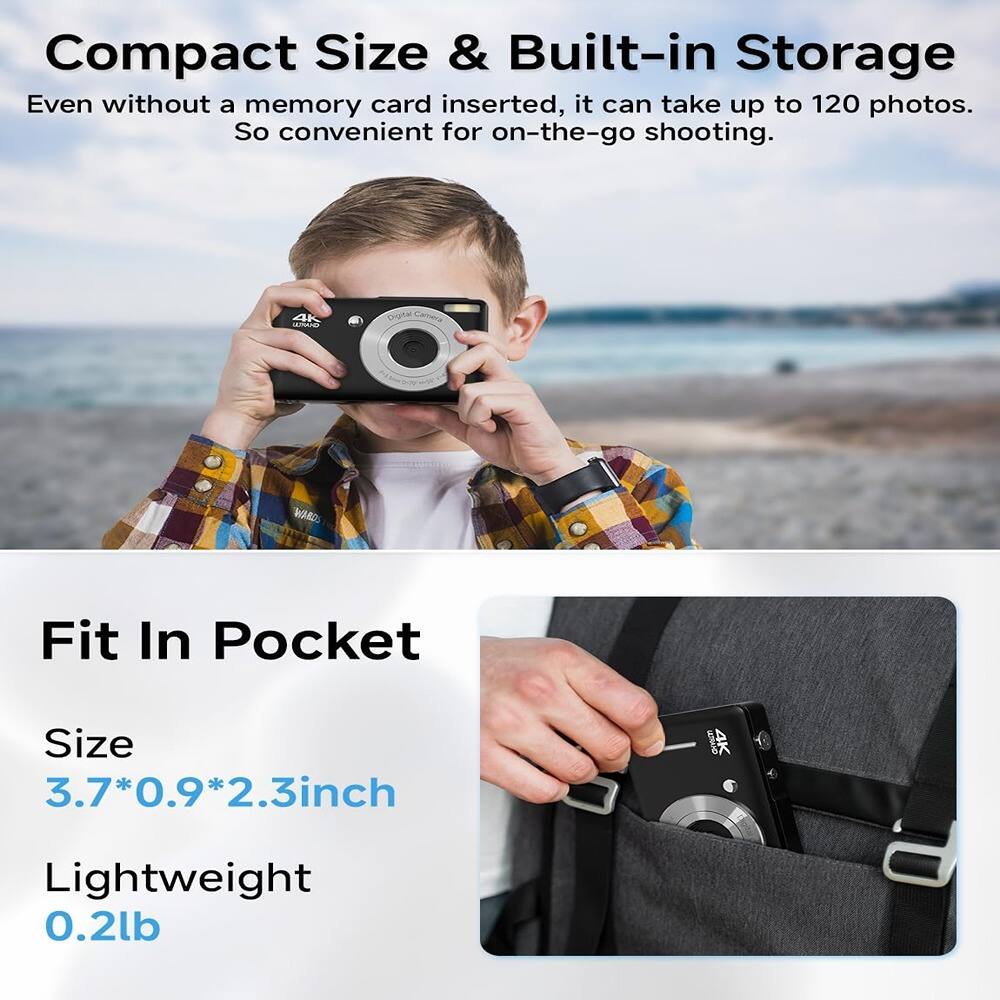 Compact Size & Built-in Storage  
Even without a memory card inserted, it can take up to 120 photos.  
So convenient for on-the-go shooting.  

Fit In Pocket  
Size: 3.7*0.9*2.3 inch  
Lightweight: 0.2 lb