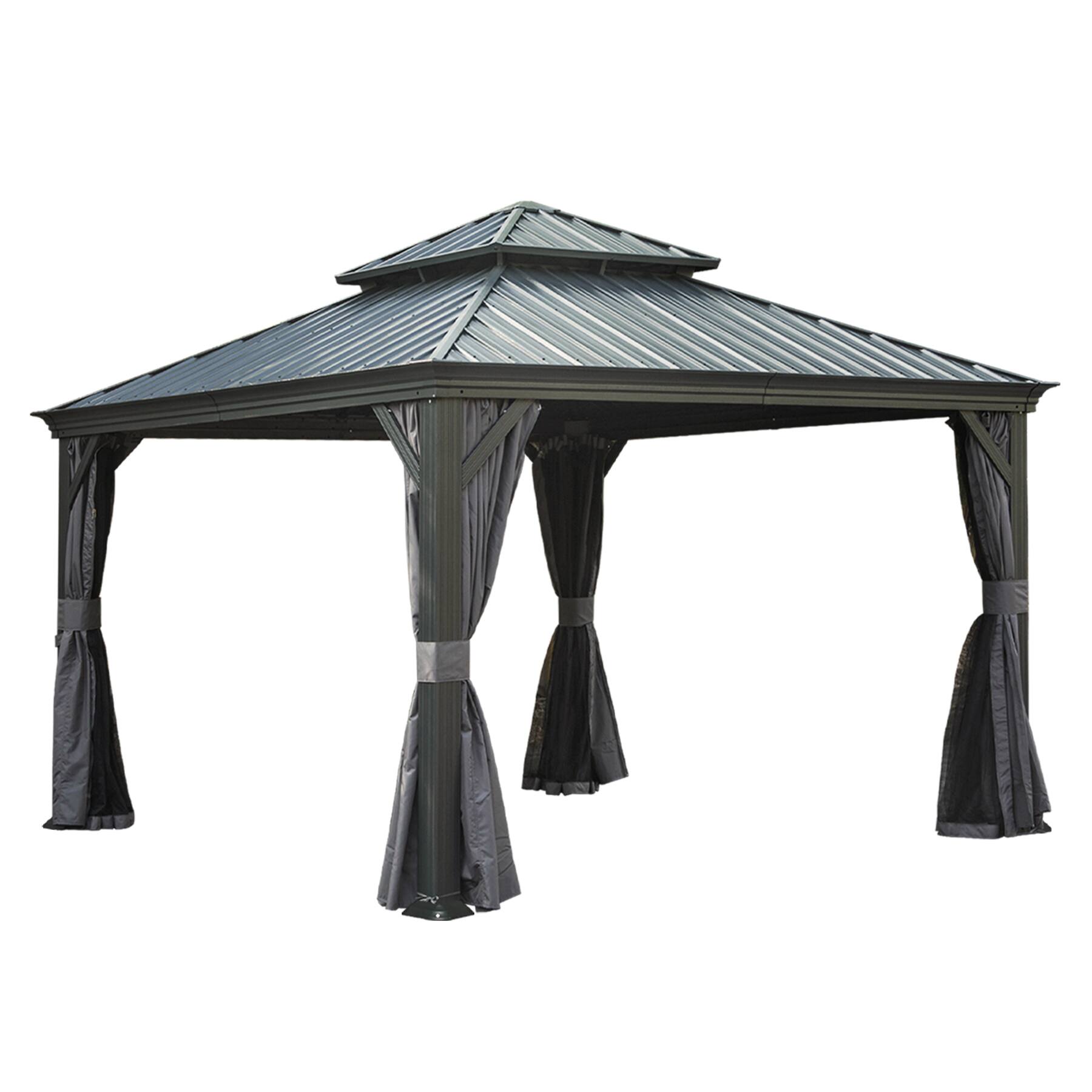 Left. Loheer - Loheer 12x12 Hardtop Gazebo with Drainage System, Dual Layer Steel Roof, Curtains and Netting, Grey.
