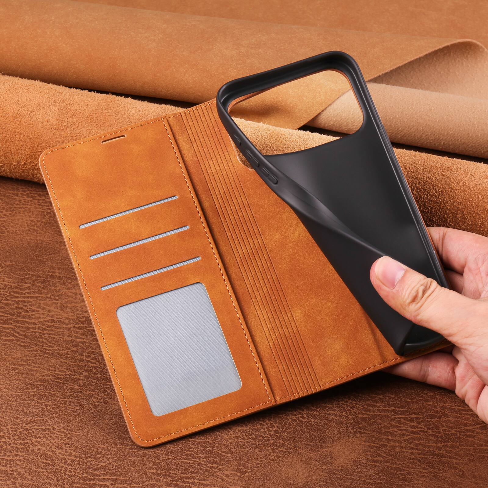 Alt View 3. Dteck - Magnetic Wallet Case For Apple iPhone 17 Pro, Shockproof Card Pocket Viewing Kickstand Protective Folio PU Leather Cover - Brown.