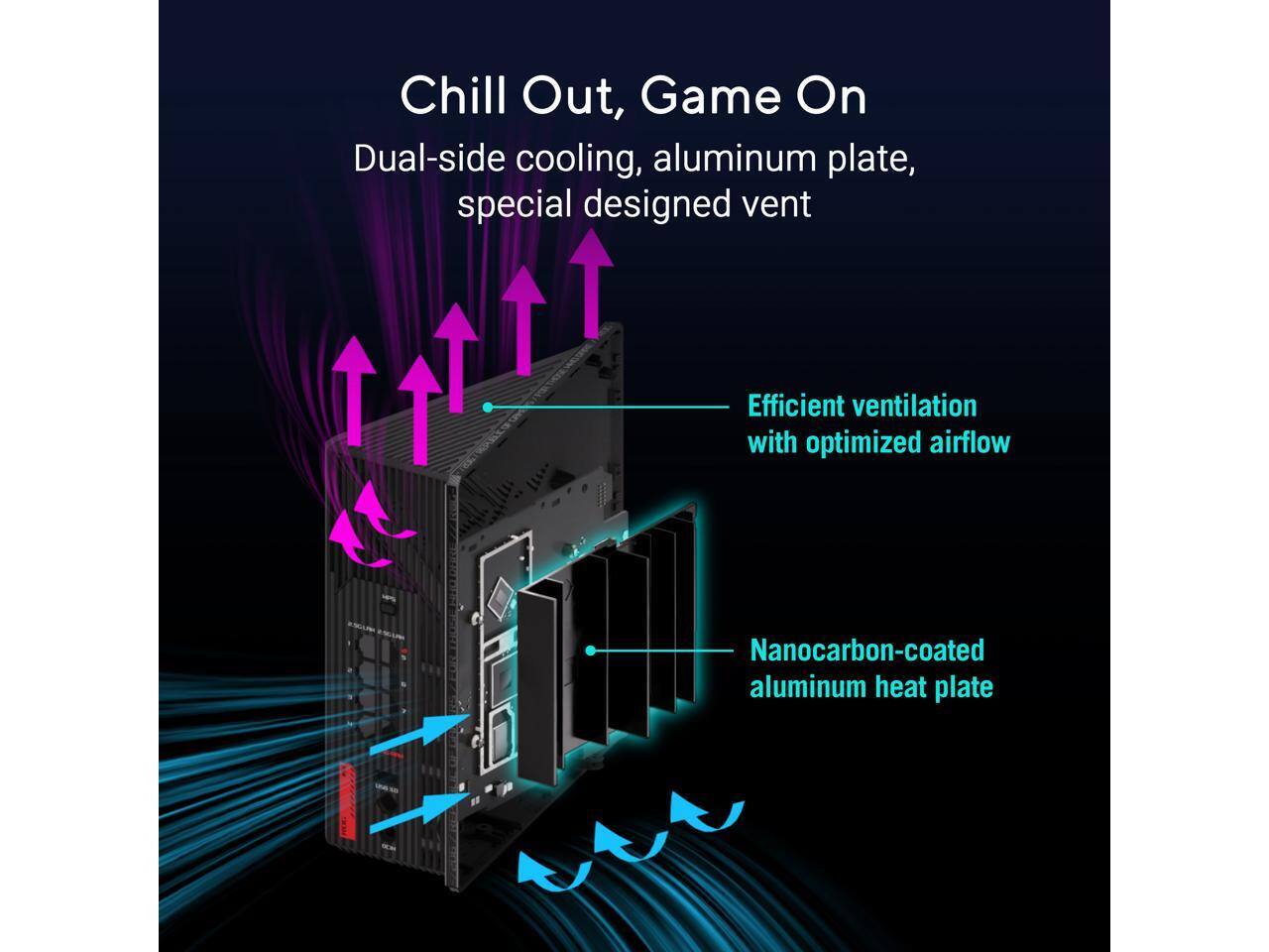 Chill Out, Game On  
Dual-side cooling, aluminum plate, special designed vent  
Efficient ventilation with optimized airflow  
Nanocarbon-coated aluminum heat plate