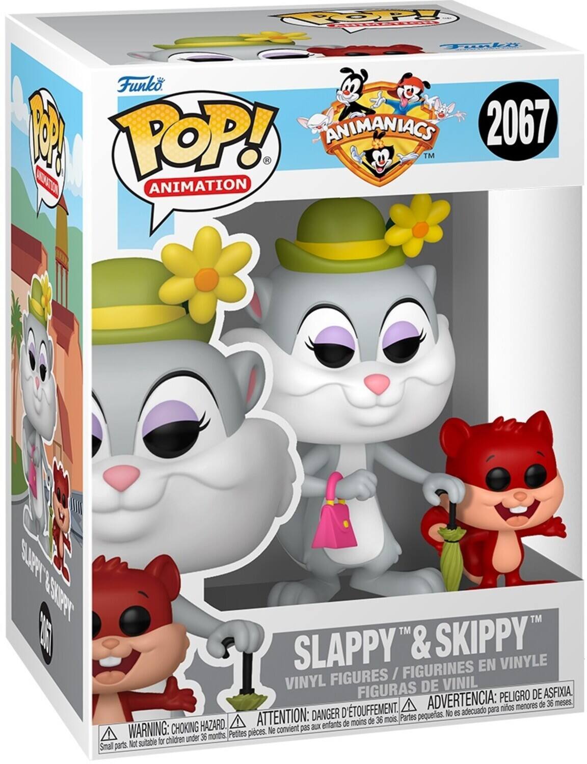 Sure, here is the corrected and grouped text from the image:

---

**Top Left:**
- Funko POP! Animation
- ANIMANIACS
- SLAPPY & SKIPPY

**Top Right:**
- 2067
- ANIMANIACS

**Center:**
- SLAPPY & SKIPPY™
- VINYL FIGURES / FIGURINES EN VINYLE / FIGURAS DE VINIL

**Bottom:**
- WARNING: CHOKING HAZARD. Small parts. Not suitable for children under 36 months.
- ATTENTION: DANGER D'ÉTOUFFEMENT. Ne convient pas aux enfants de moins de 36 mois. Petites pièces.
- ADVERTENCIA: PELIGRO DE ASFIXIA. No es adecuado para niños menores de 36 meses.

**Bottom Left:**
- Funko

---