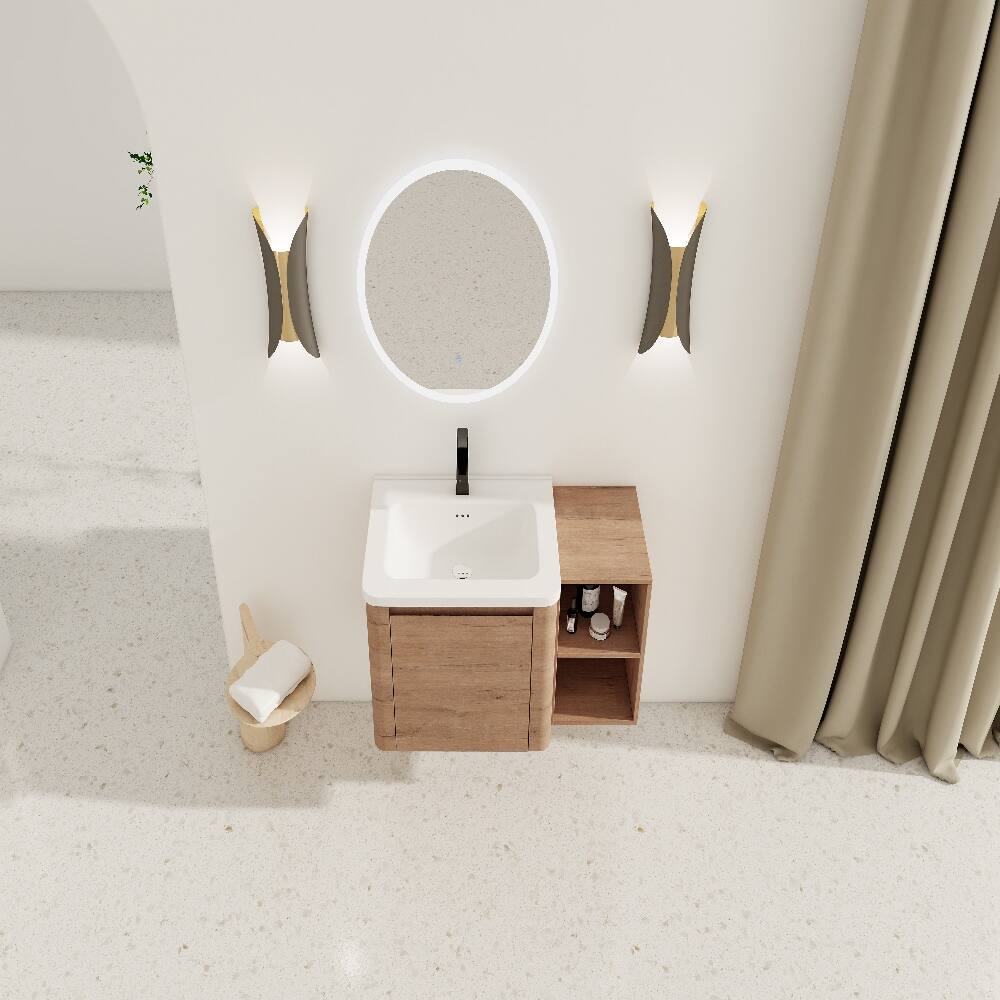 Alt View 4. Loheer - Loheer 36 inch wall mounted bathroom vanity with white ceramic sink and storage shelves, Imitative Oak - Imitative Oak.