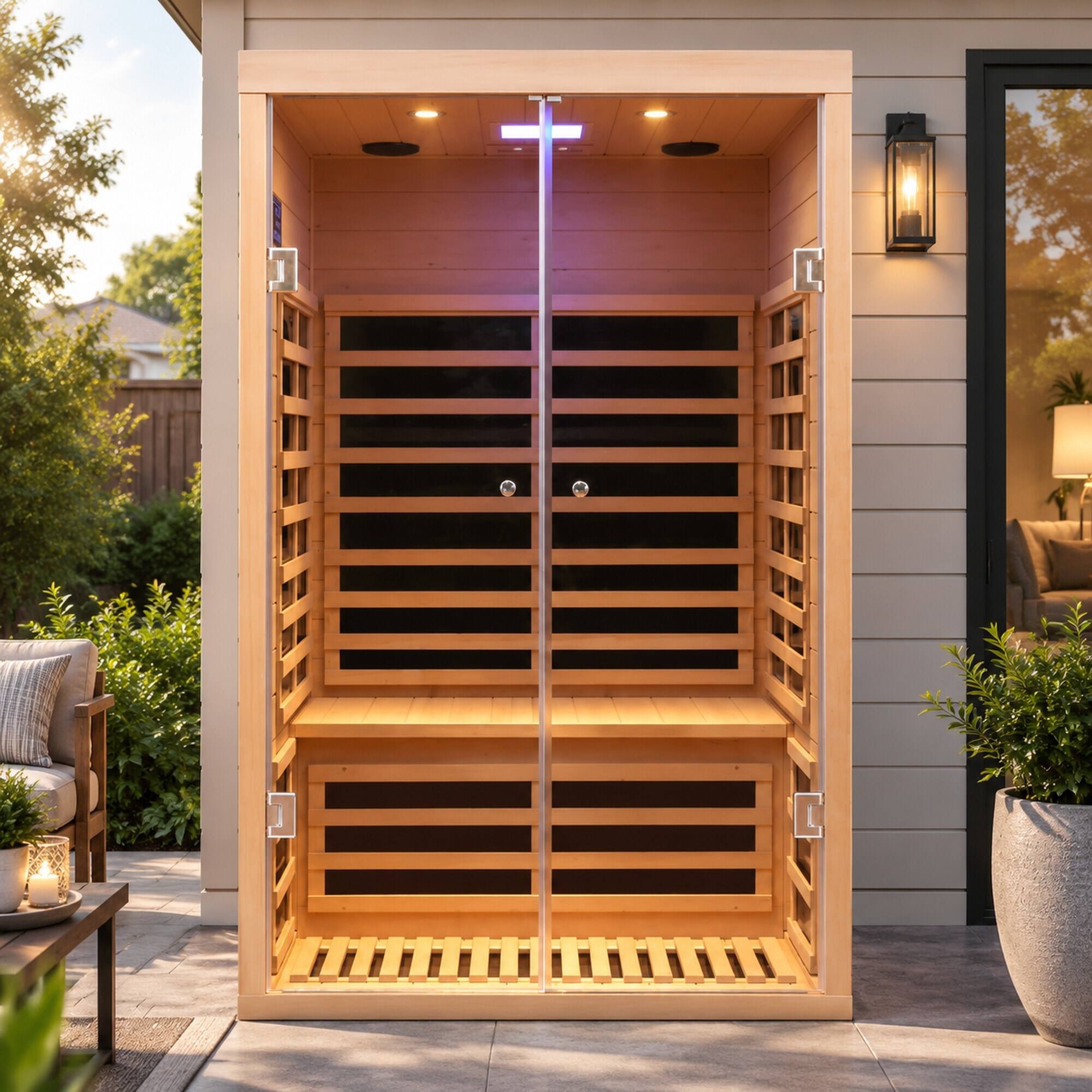 Angle. RYHNUYNE - 2 Person Far Infrared Sauna, Hemlock Wood, Glass Double Doors, Low EMF, Indoor Home Spa - Natural Wood.