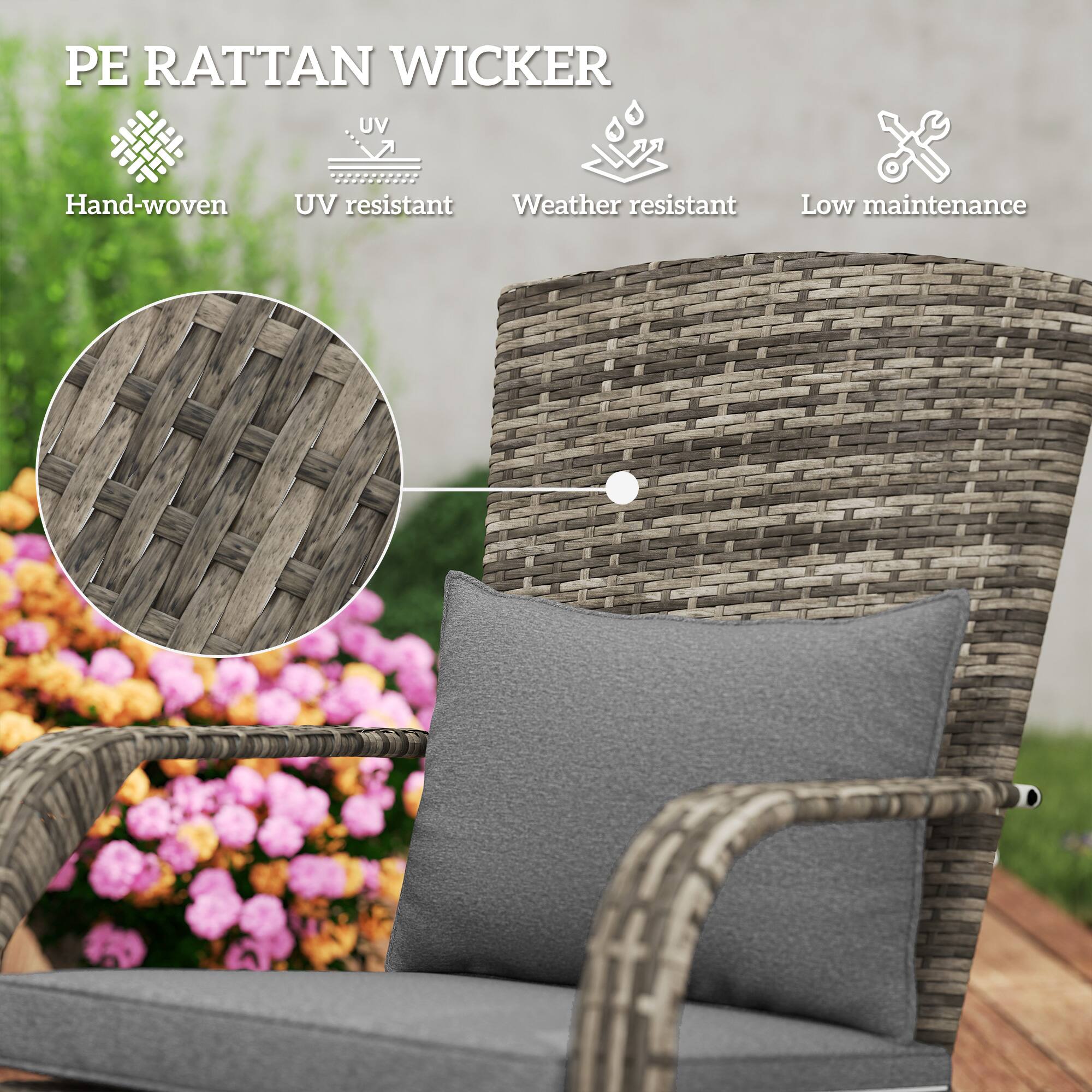 PE RATTAN WICKER

- Hand-woven
- UV resistant
- Weather resistant
- Low maintenance