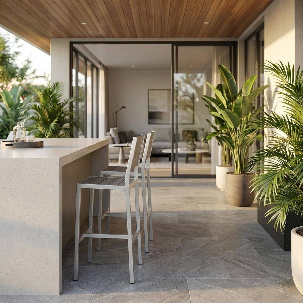 Angle. Outdoor Escape - Outdoor Patio Aluminum Armless Bar Stool Set Of 2 With Durable Frame - Gray.