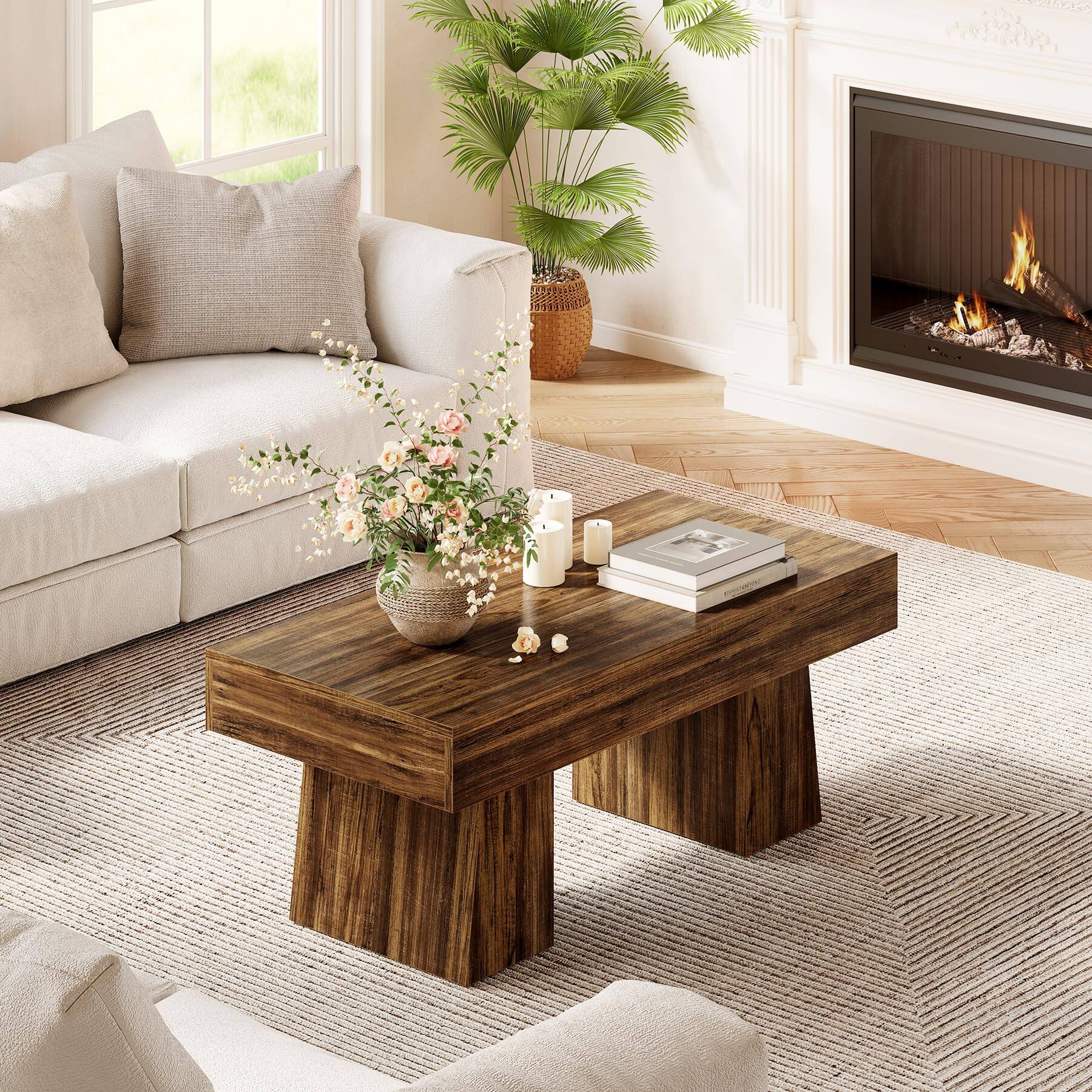 Alt View 3. Tribesigns - LITTLE TREE Farmhouse Coffee Table, 47 Inches Living Room Table, Rectangular Wooden Accent Center Tables with Thick Base - Walnut Brown.