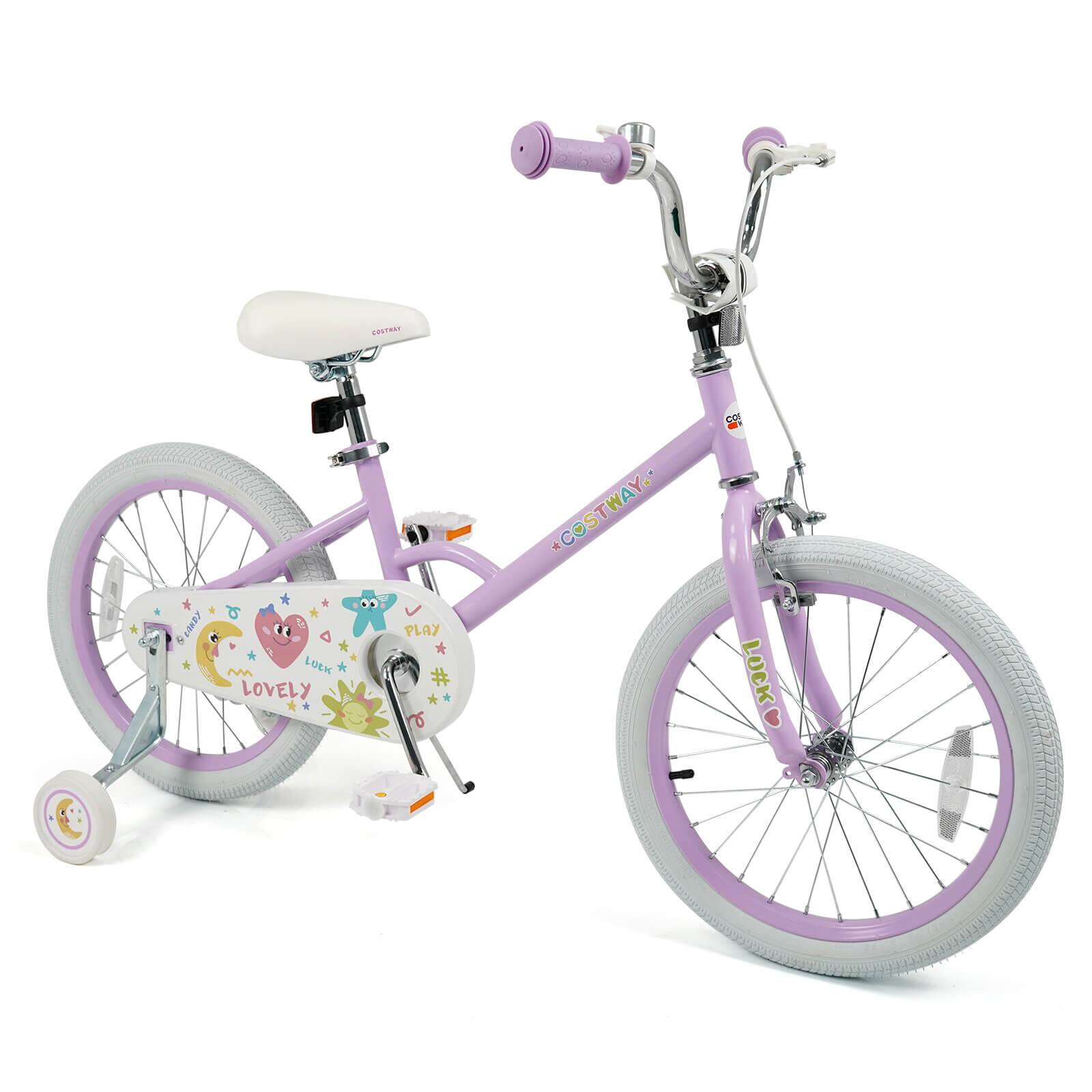 Costway - 18 Inch Kids Bike for Girls Boys Age 3-8 Years with Training Wheels, Coaster Brake - Purple
