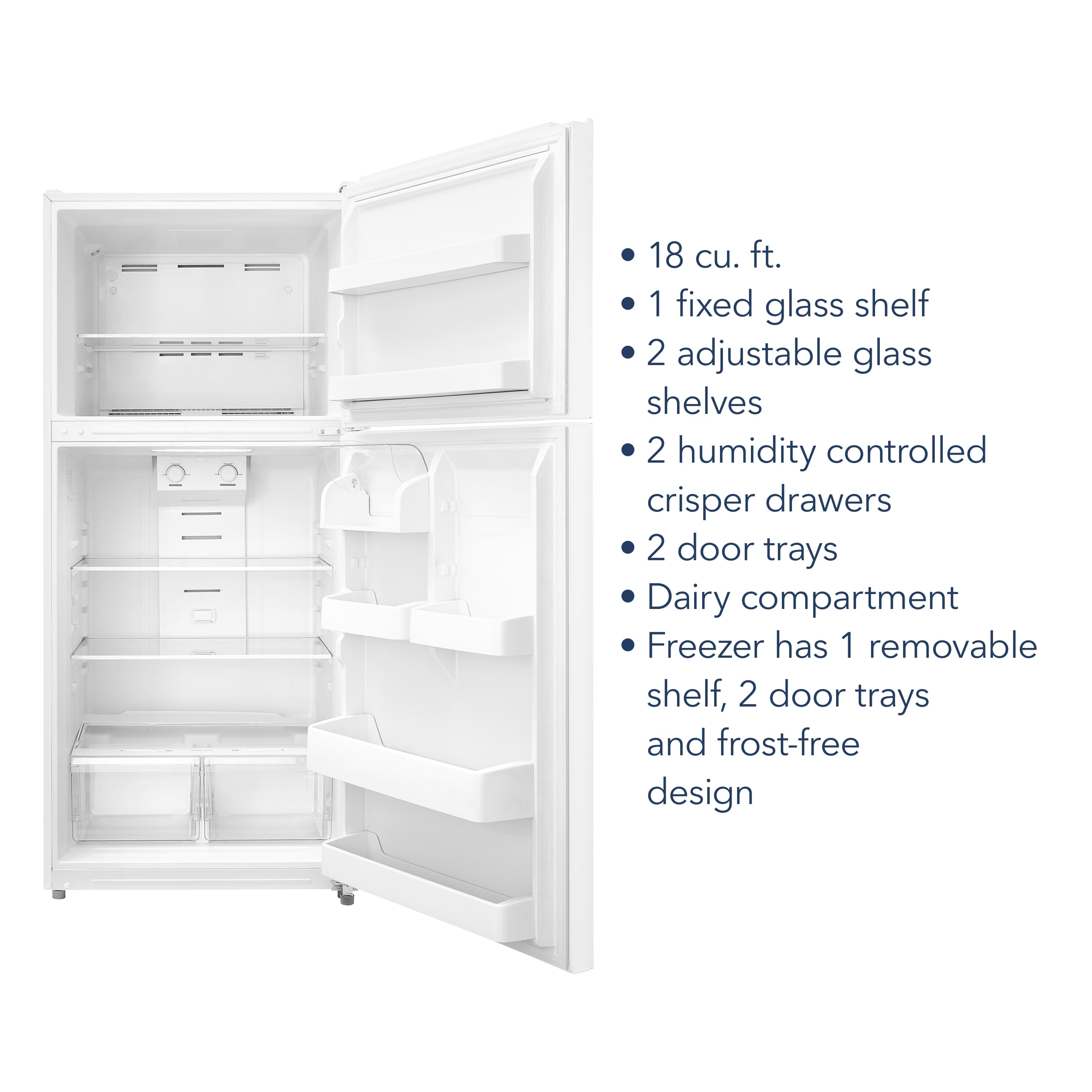 The refrigerator has a capacity of 18 cu. ft. and features a fixed glass shelf and two adjustable glass shelves. It also includes two humidity-controlled crisper drawers, two door trays, and a dairy compartment. The freezer section has a removable shelf, two door trays, and a frost-free design.
