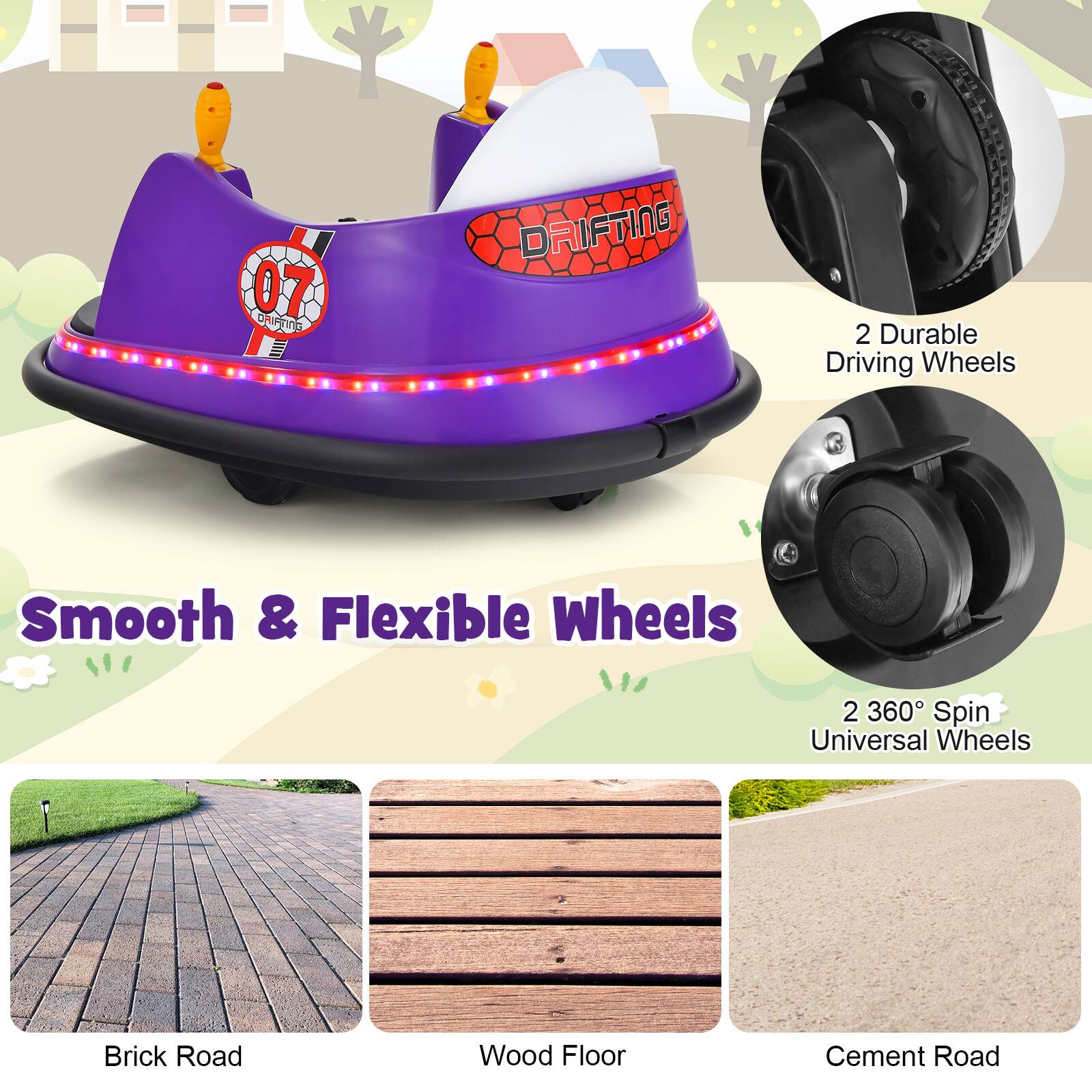 07 DRIFTING

Smooth & Flexible Wheels

2 Durable Driving Wheels

2 360° Spin Universal Wheels

Brick Road

Wood Floor

Cement Road