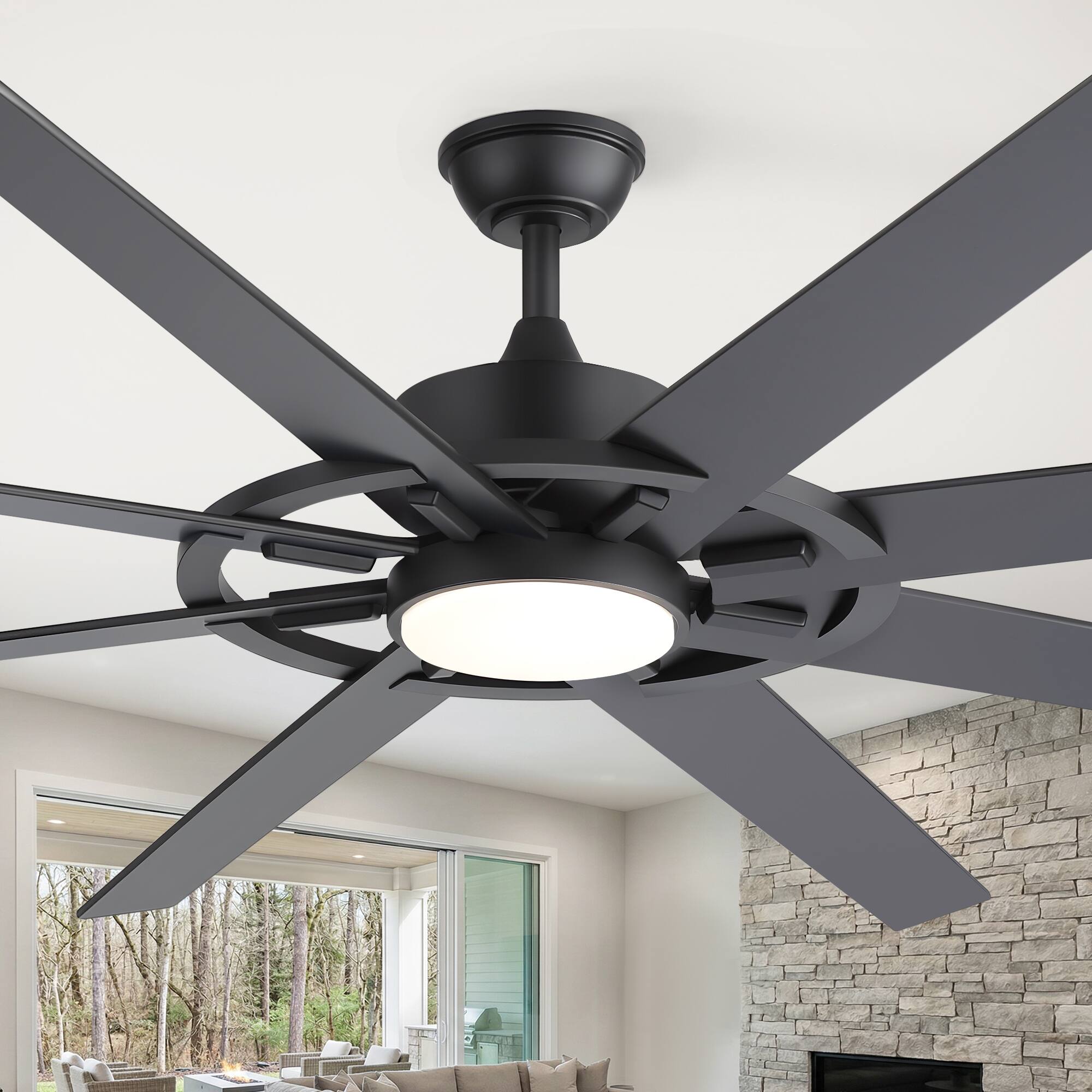 Front. Breezary - 72-Inch Ceiling Fan with LED Light, 8 Plywood Blades, 6-Speed Remote, Timer, Tri-Color Dimmable Light, Dual Downrods - 72-Inch Black.
