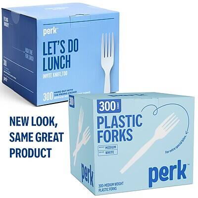 **Perk**

**Let's Do Lunch**
Invite Knife Too
Out with Mang Crowd the Prong

**300 Medium Weight Plastic Forks**
White

**New Look, Same Great Product**

**300 Medium Weight Plastic Forks**
For Extra Special Bites