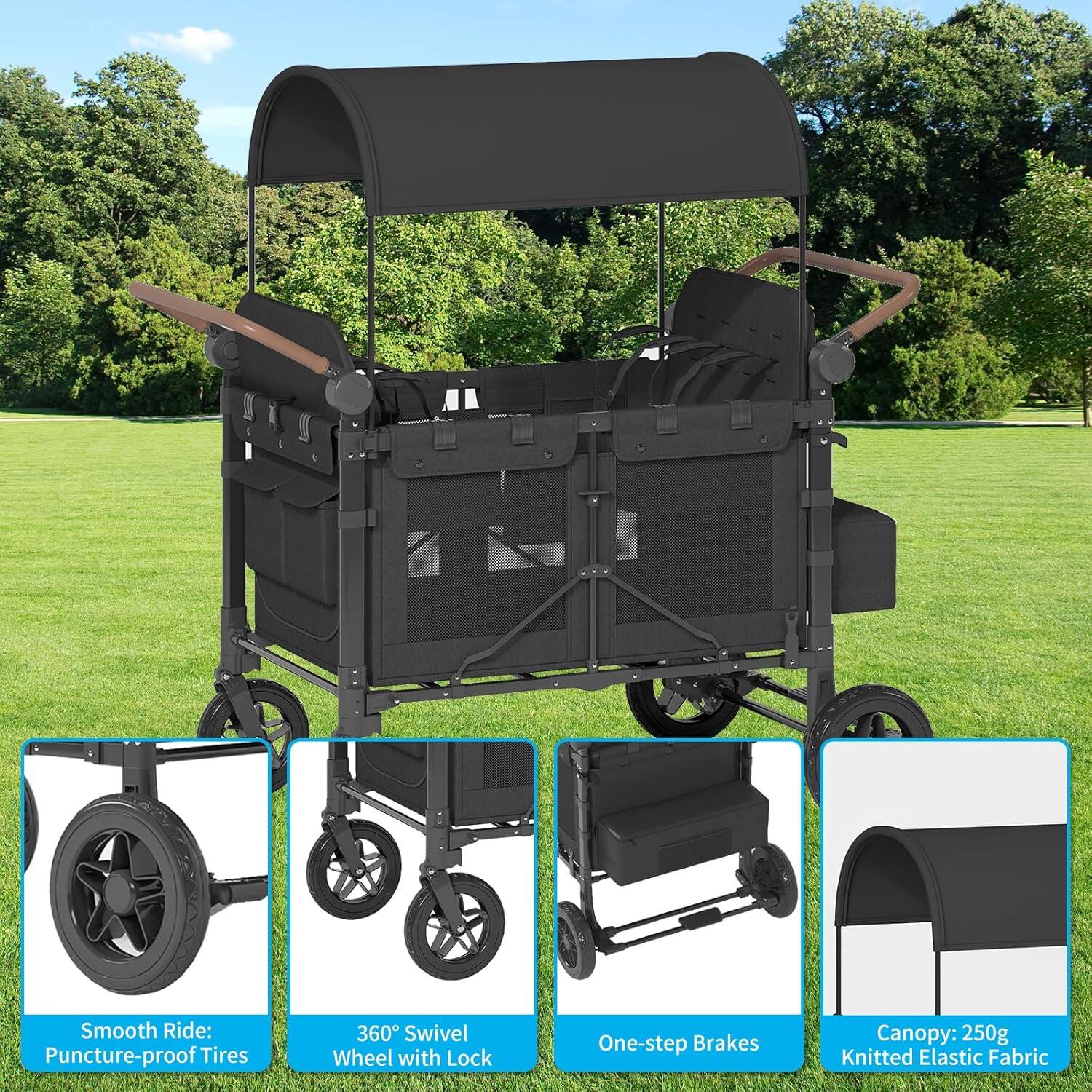 Smooth Ride: Puncture-proof Tires  
360° Swivel Wheel with Lock  
One-step Brakes  
Canopy: 250g Knitted Elastic Fabric