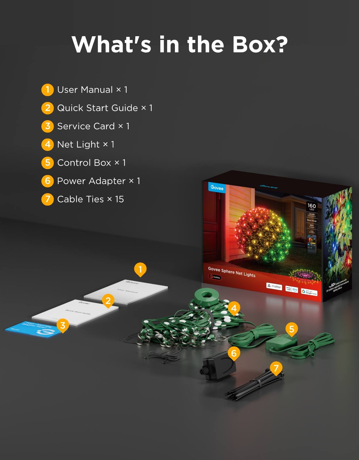 What's in the Box?
1. User Manual x 1
2. Quick Start Guide x 1
3. Service Card x 1
4. Net Light x 1
5. Control Box x 1
6. Power Adapter x 1
7. Cable Ties x 15

Govee Sphere Net Lights
- 160 LED
- 18.8ft
- 50+ Color Modes
- Compatible with Google Assistant