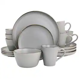 Elama - Louis 16 Piece Stoneware Dinnerware Set in Matte Slate with Gold Rim - Slate and Gold