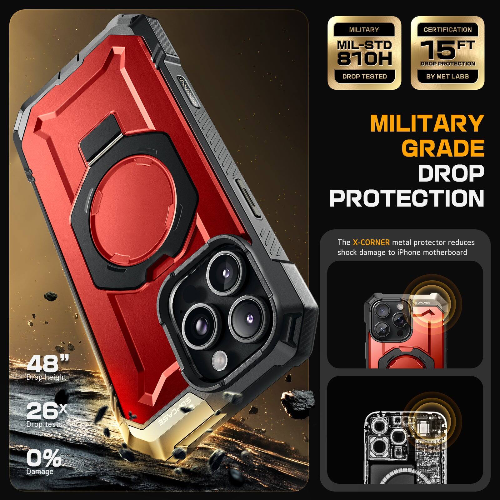 MILITARY MIL-STD 810H DROP TESTED CERTIFICATION FT 15 DROP PROTECTION BY MET LABS MILITARY GRADE DROP PROTECTION. The X-CORNER metal protector reduces shock damage to the phone motherboard. 48" Drop-height, 26x Drop tests, 0% Damage. SDPCASE.