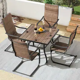 Nuu Garden - 5PCS Patio Dining Set with Faux Wood Top, Padded Textilene C-Spring Chairs - Brown and Black