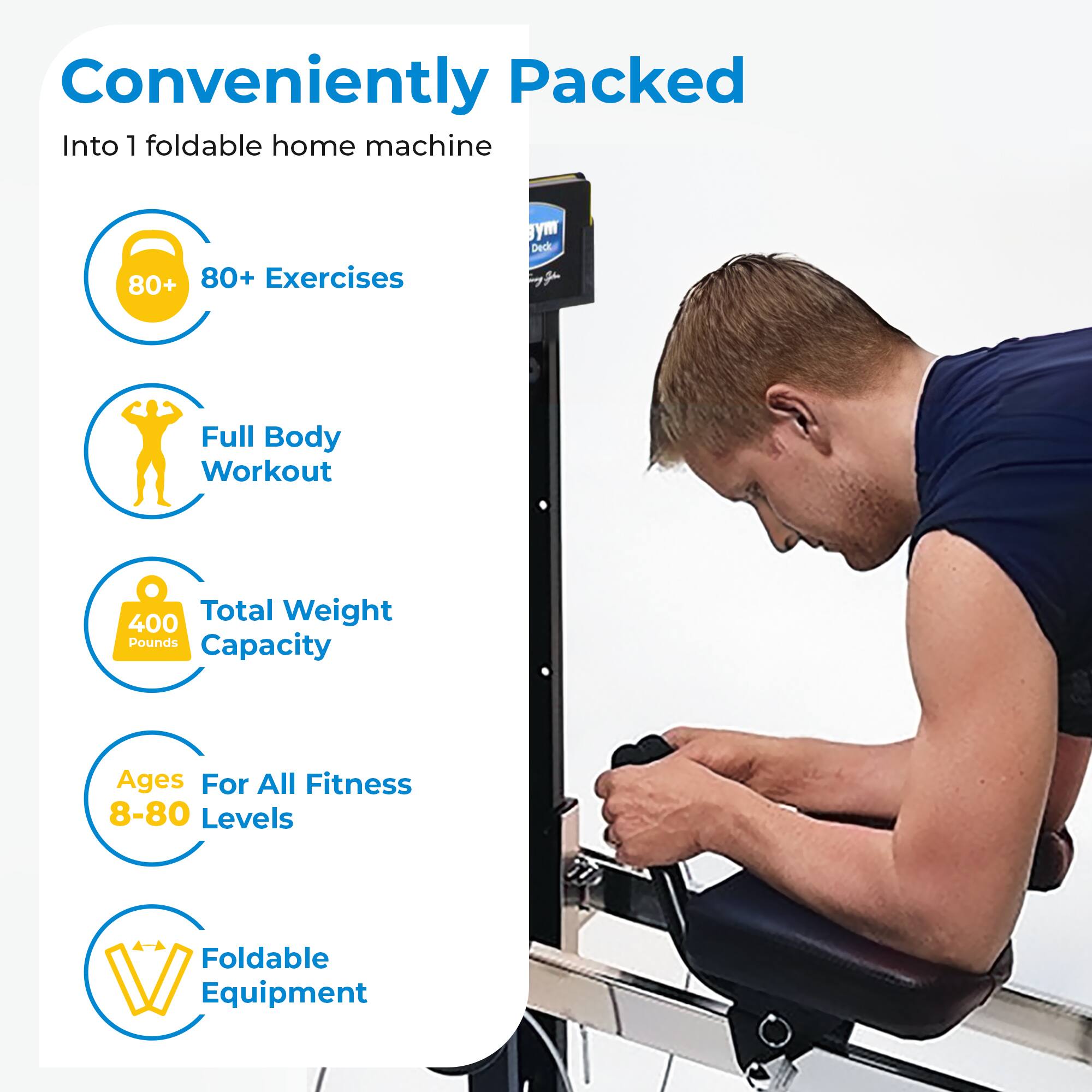 Conveniently Packed  
Into 1 foldable home machine

- 80+ Exercises
- Full Body Workout
- Total Weight Capacity: 400 Pounds
- Ages 8-80 For All Fitness Levels
- Foldable Equipment
