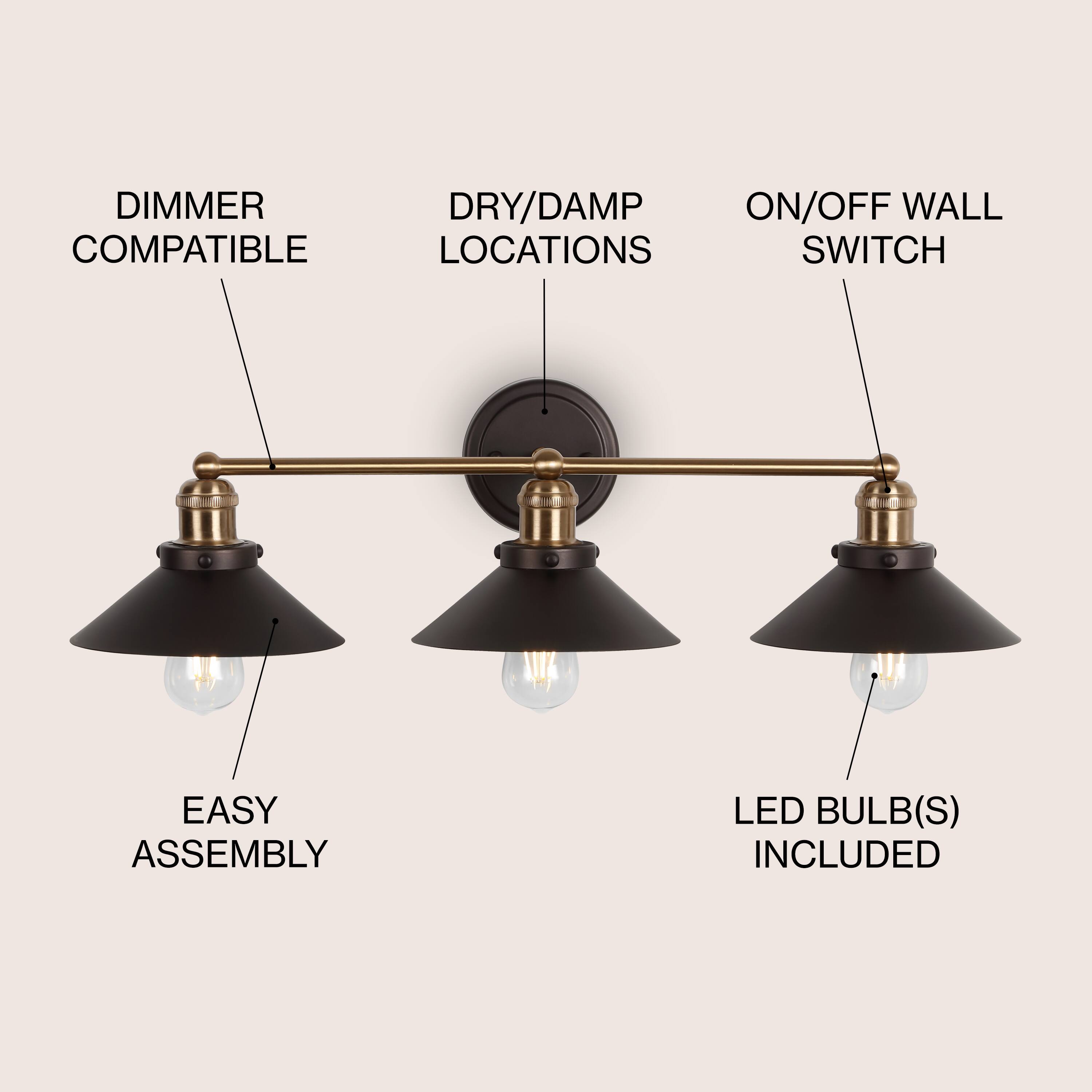 DIMMER COMPATIBLE  
DRY/DAMP LOCATIONS  
ON/OFF WALL SWITCH  
EASY ASSEMBLY  
LED BULB(S) INCLUDED