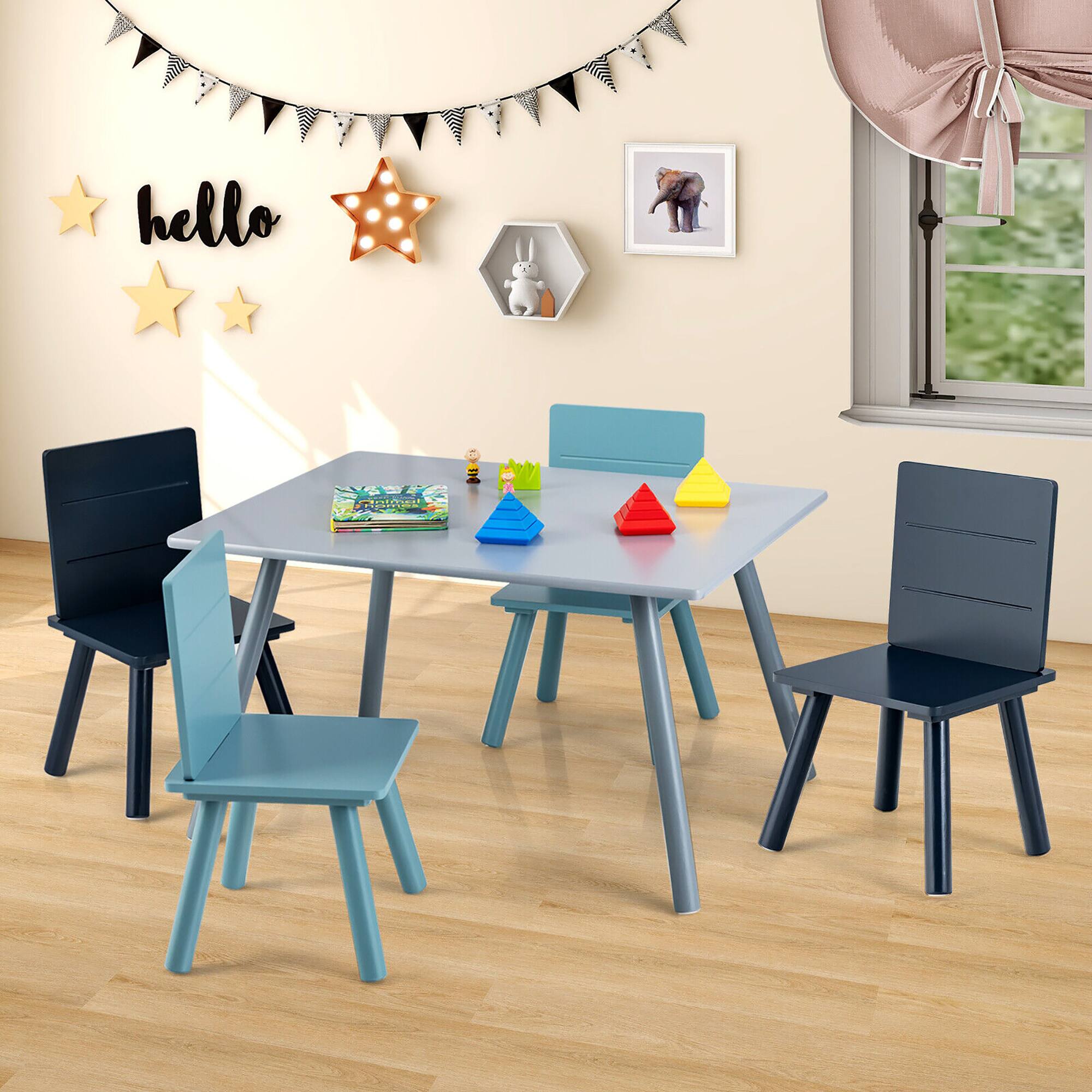 Alt View 1. Gymax - Gymax 5 Piece Kids Wooden Activity Table and 4 Chairs Play Set Gift w/ Building Blocks - Grey and Blue.