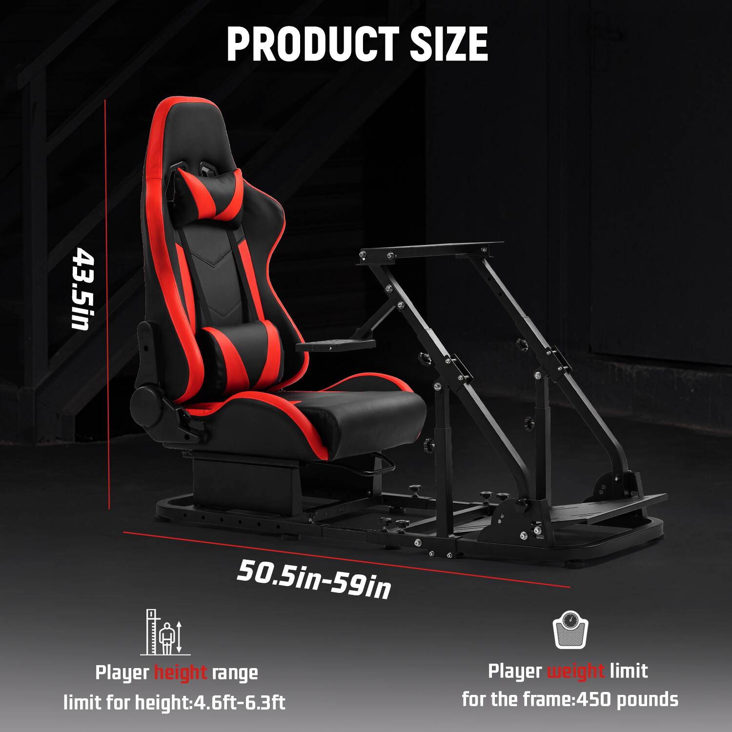 PRODUCT SIZE  
43.5in  
50.5in-59in  

Player height range limit for height: 4.6ft-6.3ft  
Player weight limit for the frame: 450 pounds