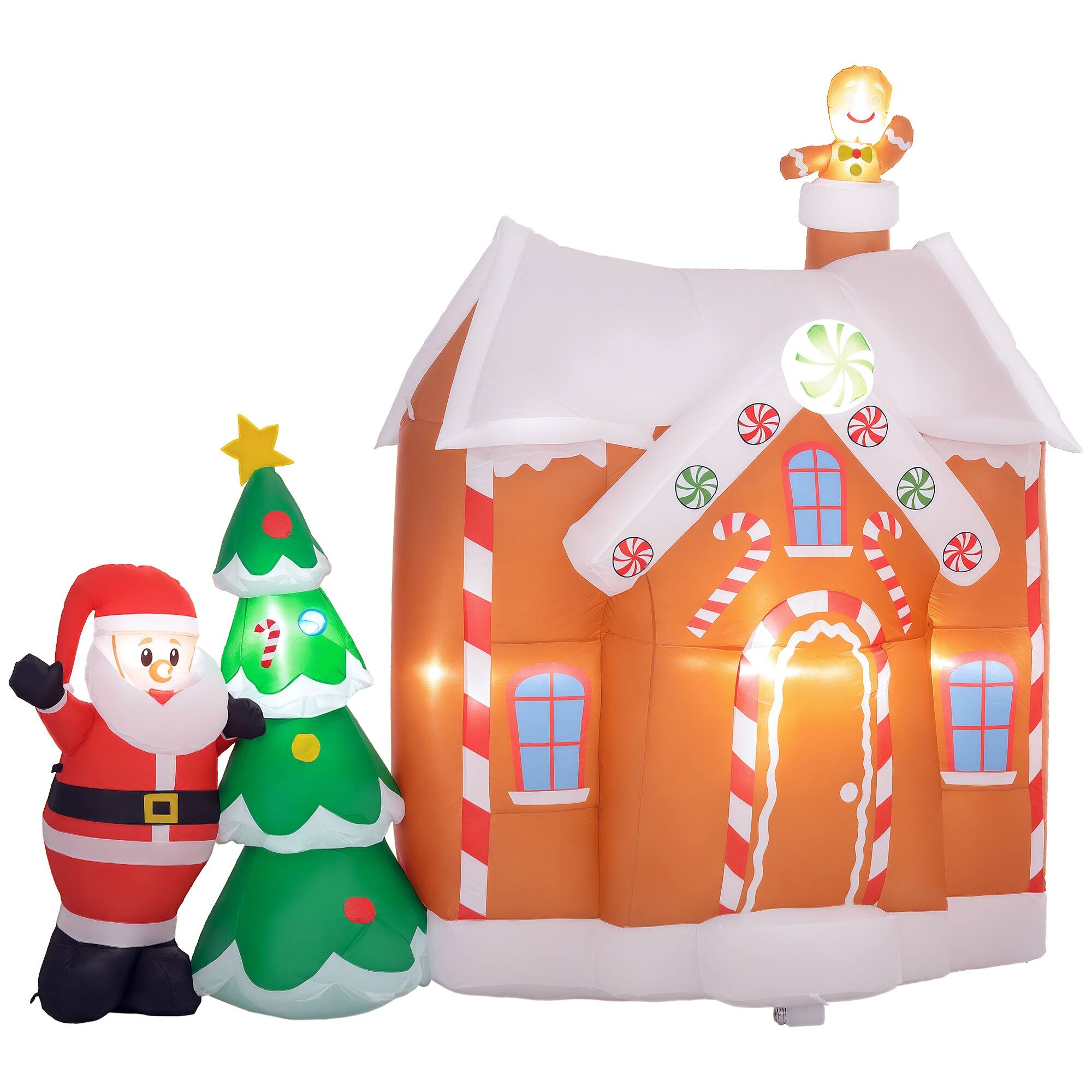 Front. Outsunny - 7FT Christmas Inflatable Gingerbread House Santa Claus and Xmas Tree, Blow Up Christmas Decorations with LED for Outdoor - Multi-colored.